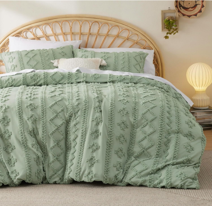 Boho Duvet Cover Queen - Tufted Duvet Cover Queen Size for All Seasons, 3 Pieces Soft Shabby Chic Embroidery Boho Bedding Duvet Cover (Sage Green, Queen, 90x90)