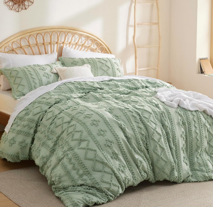 Boho Duvet Cover Queen - Tufted Duvet Cover Queen Size for All Seasons, 3 Pieces Soft Shabby Chic Embroidery Boho Bedding Duvet Cover (Sage Green, Queen, 90x90)