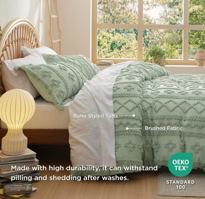 Boho Duvet Cover Queen - Tufted Duvet Cover Queen Size for All Seasons, 3 Pieces Soft Shabby Chic Embroidery Boho Bedding Duvet Cover (Sage Green, Queen, 90x90)