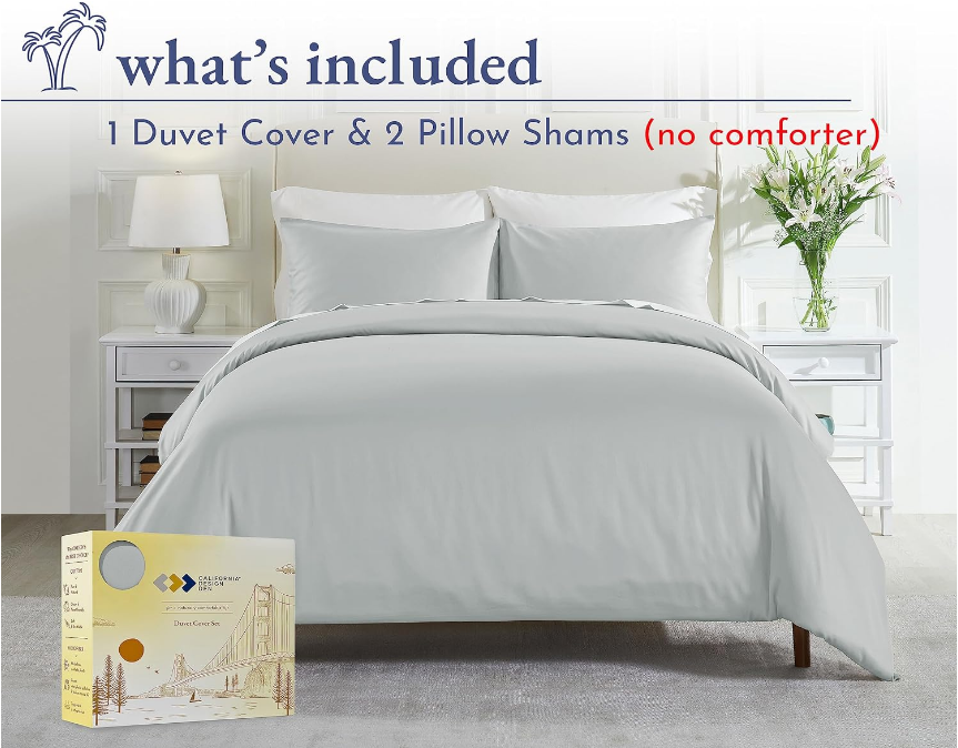 3-Pc Queen Cotton Duvet Cover Set, 400 Thread Count 100% Cotton Quilt Cover and Two Pillow Shams, Sateen Weave Bedding Set, Button Closure, Corner Ties (Light Grey, Queen)