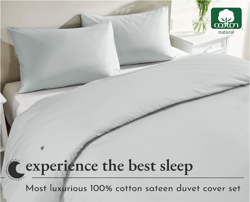 3-Pc Queen Cotton Duvet Cover Set, 400 Thread Count 100% Cotton Quilt Cover and Two Pillow Shams, Sateen Weave Bedding Set, Button Closure, Corner Ties (Light Grey, Queen)