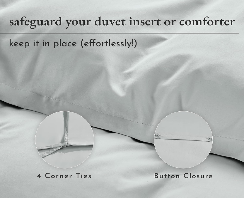 3-Pc Queen Cotton Duvet Cover Set, 400 Thread Count 100% Cotton Quilt Cover and Two Pillow Shams, Sateen Weave Bedding Set, Button Closure, Corner Ties (Light Grey, Queen)
