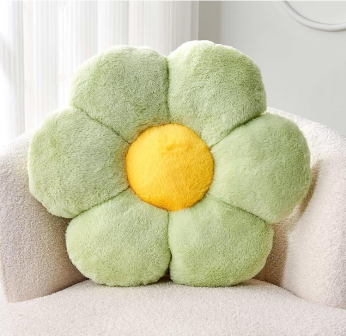 Green Flower Pillow, Cute Decorative Flower Shaped Throw Pillow with Faux Rabbit Fur, 14.9" Soft Flower Plush Throw Pillow Floor Pillows Room Décor for Bedroom Living Room