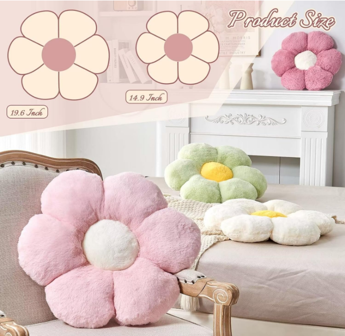 Green Flower Pillow, Cute Decorative Flower Shaped Throw Pillow with Faux Rabbit Fur, 14.9" Soft Flower Plush Throw Pillow Floor Pillows Room Décor for Bedroom Living Room