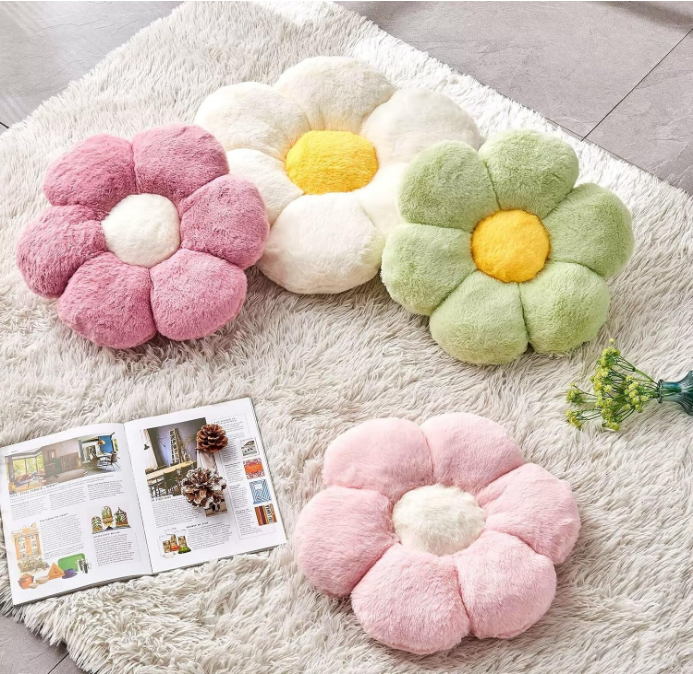 Green Flower Pillow, Cute Decorative Flower Shaped Throw Pillow with Faux Rabbit Fur, 14.9" Soft Flower Plush Throw Pillow Floor Pillows Room Décor for Bedroom Living Room