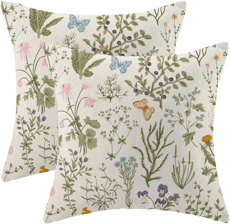 Spring Pillow Covers 18x18 Inch Set of 2,Sage Green Wild Flower Plant Throw Pillows Case,Seasonal Floral Outdoor Decorative Square Linen Farmhouse Decor Cushion Covers for Home Sofa Bed Couch