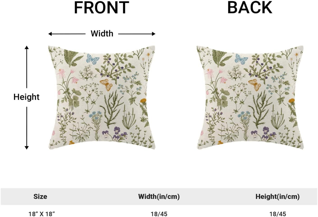 Spring Pillow Covers 18x18 Inch Set of 2,Sage Green Wild Flower Plant Throw Pillows Case,Seasonal Floral Outdoor Decorative Square Linen Farmhouse Decor Cushion Covers for Home Sofa Bed Couch