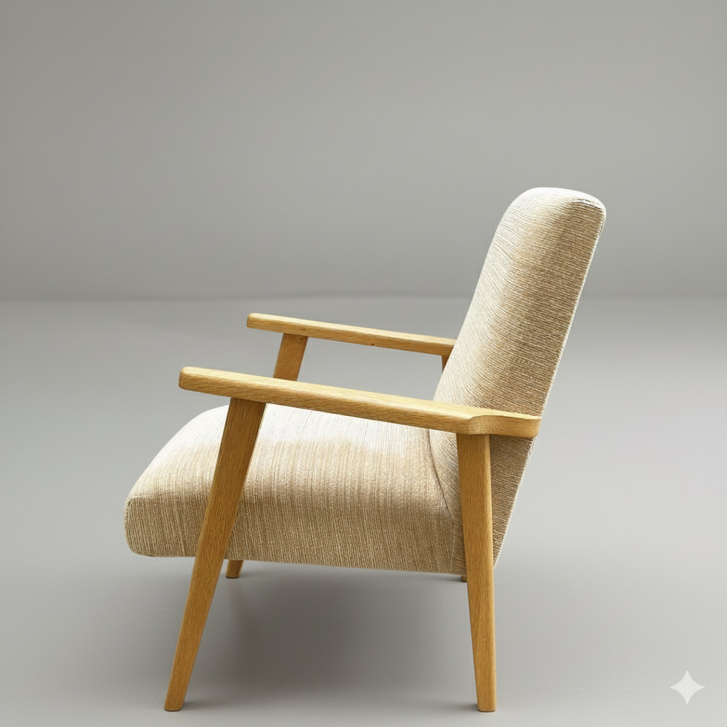 Fauteuil scandinave en bois clair et tissu