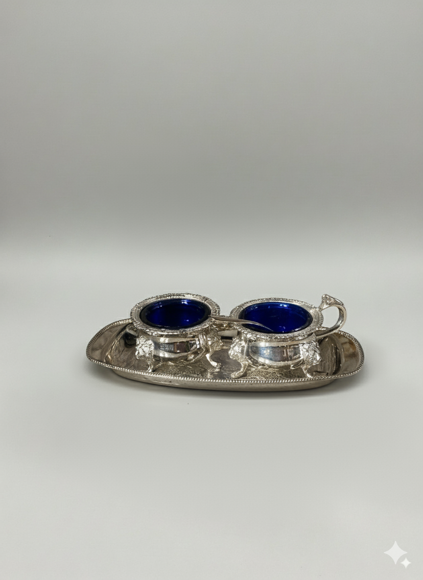 Service à condiments en argent & verre bleu cobalt (XXe siècle)