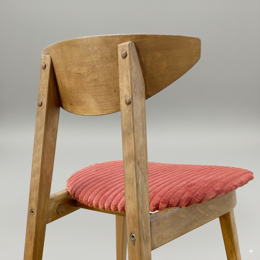 Chaise Fontania par Baumann – velours côtelé corail & hêtre courbé (années 60)