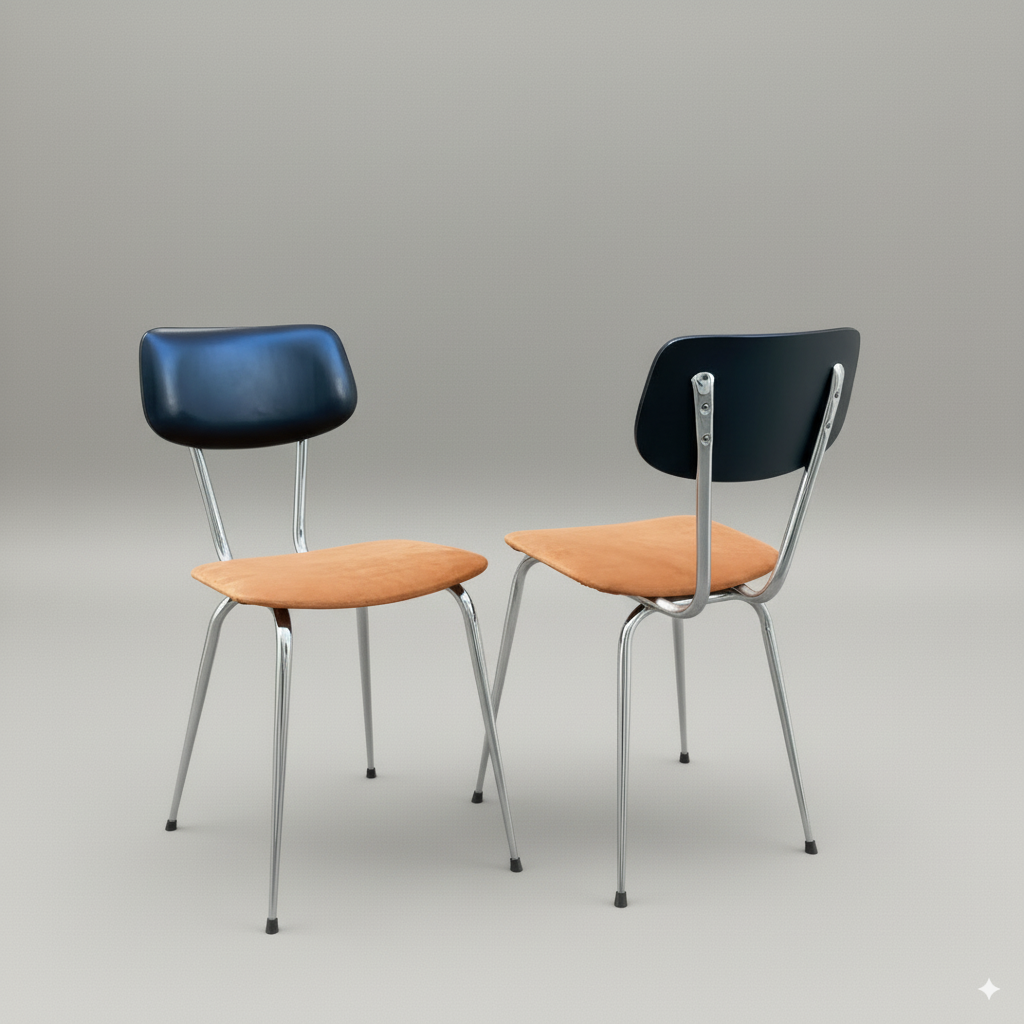 Chaise 70s – chrome, skaï & assises en velours
