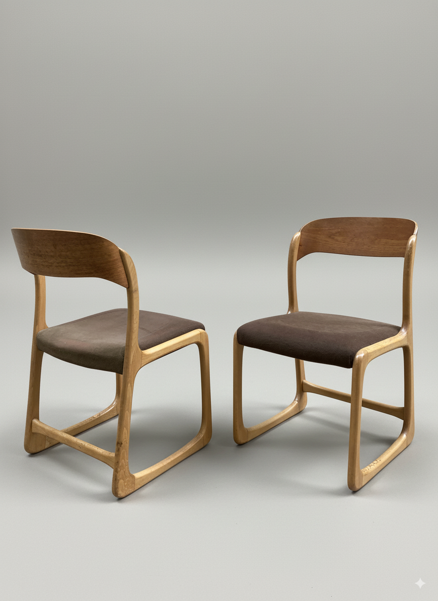 Paire de chaises traîneau Baumann – signée, années 50
