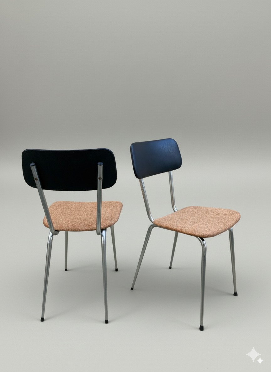 Chaises vintage chrome, skaï & coton rouille orangé