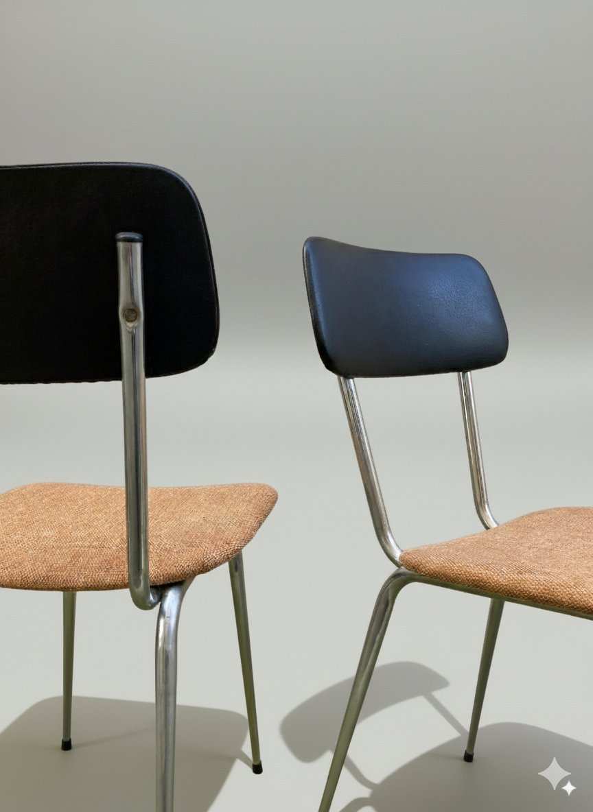 Chaises vintage chrome, skaï & coton rouille orangé