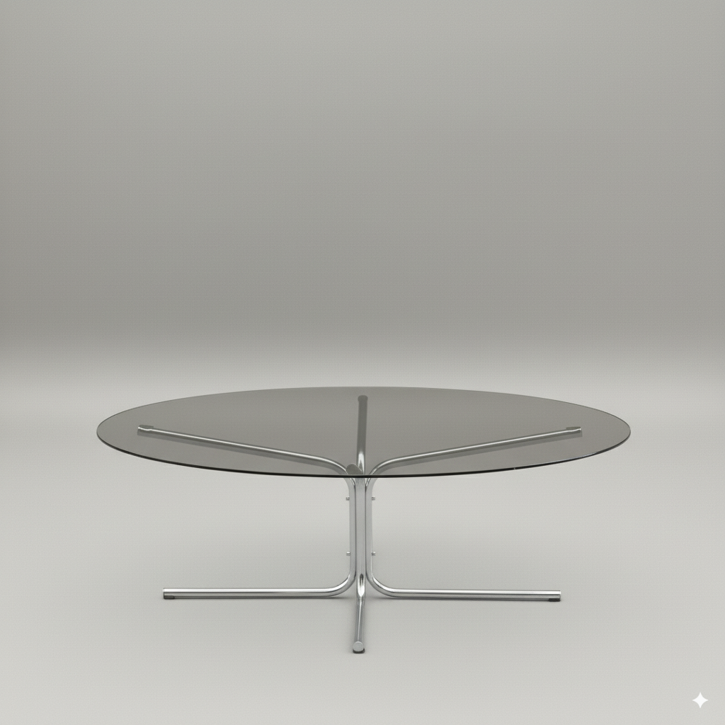 Table basse ovale vintage – chrome & verre fumé, design 70s