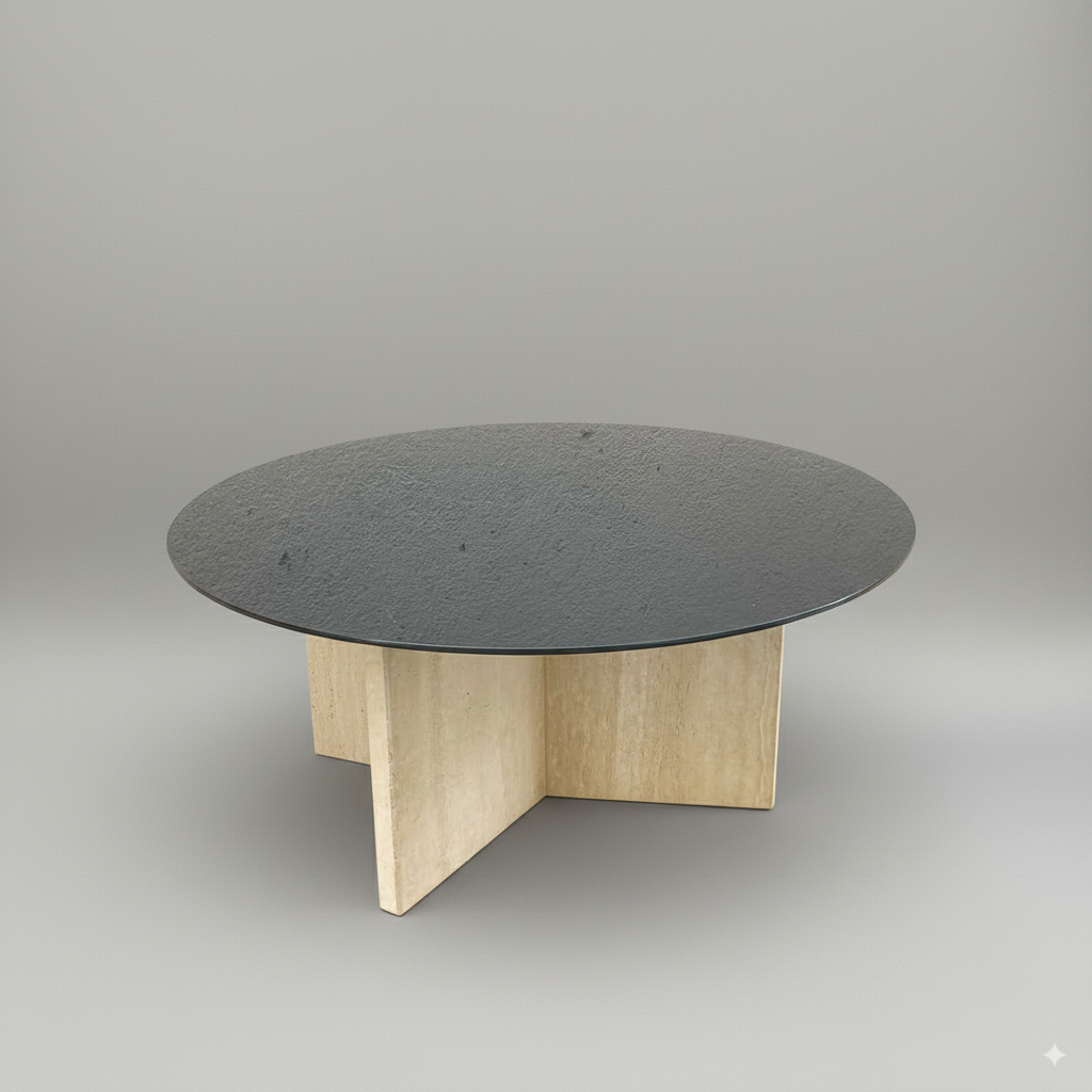 Table basse travertin & verre teinté noir – design italien 70