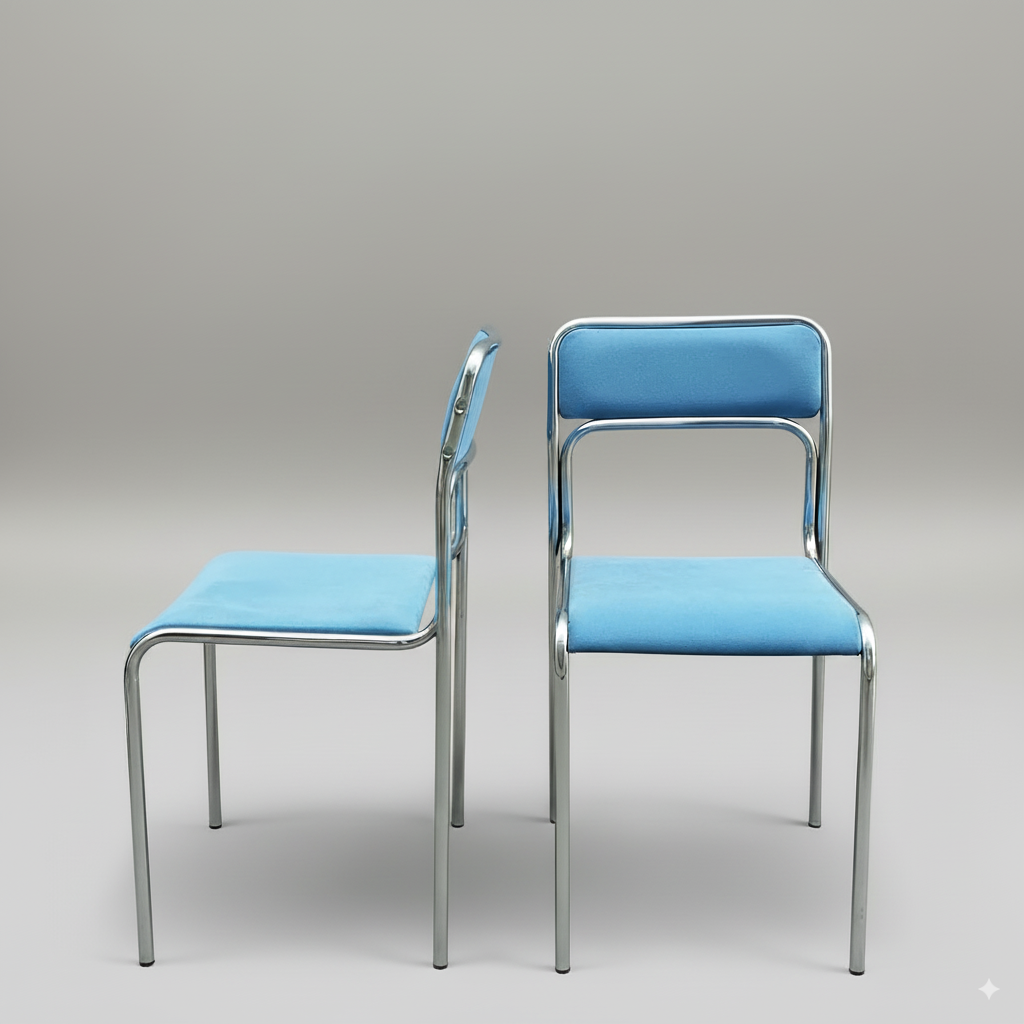 Paire de chaises chromées 70s – assise en velours bleu ciel
