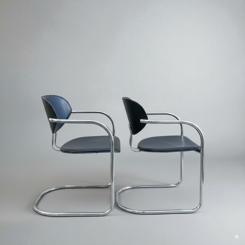 Chaise Effezeta, structure tubulaire en chrome et skai noir