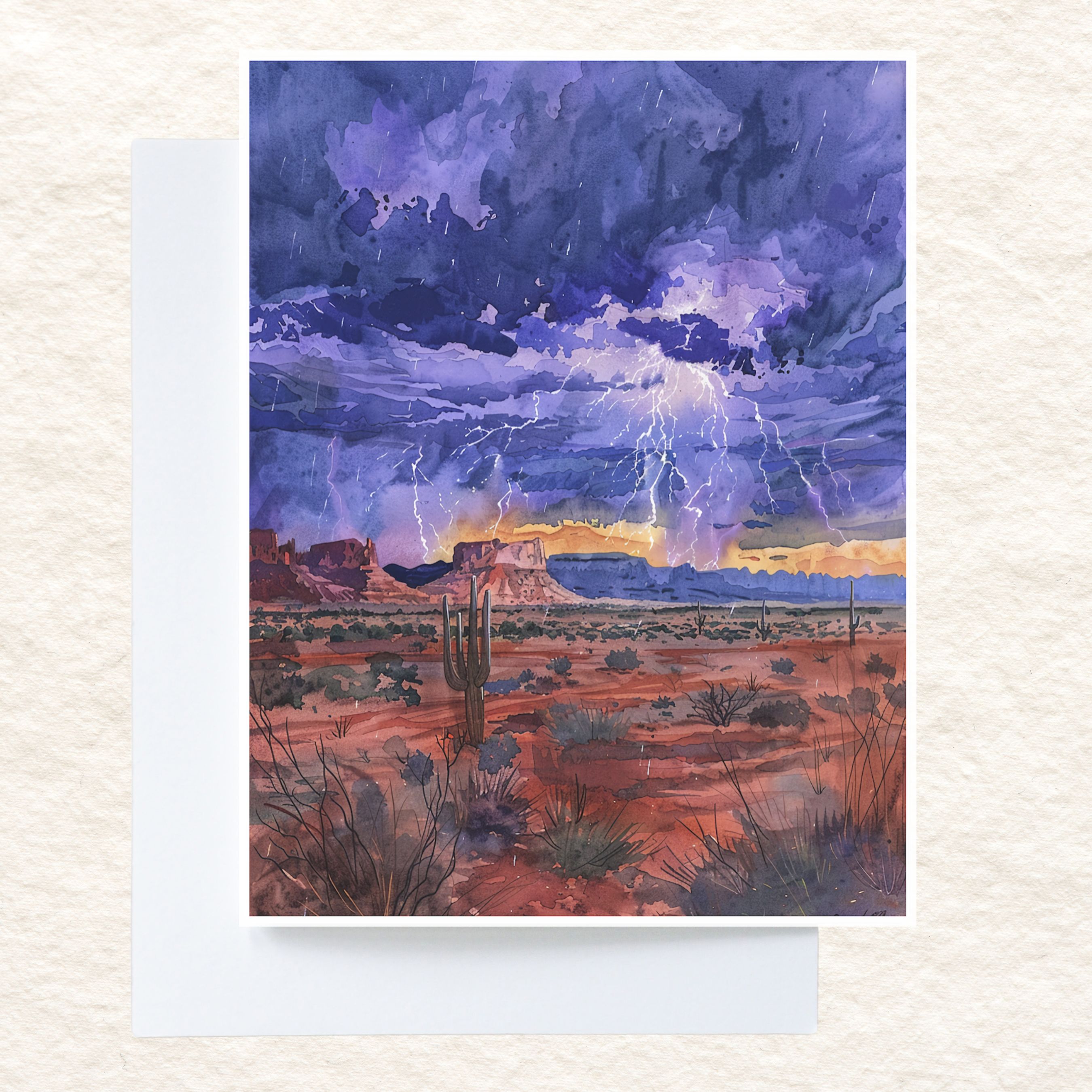 Watercolor Desert Storm Purple Monsoon Lightning Southwest Landscape All Occasion Cards, Thank You, Invitation, Note Card, Greetings, Birthdays