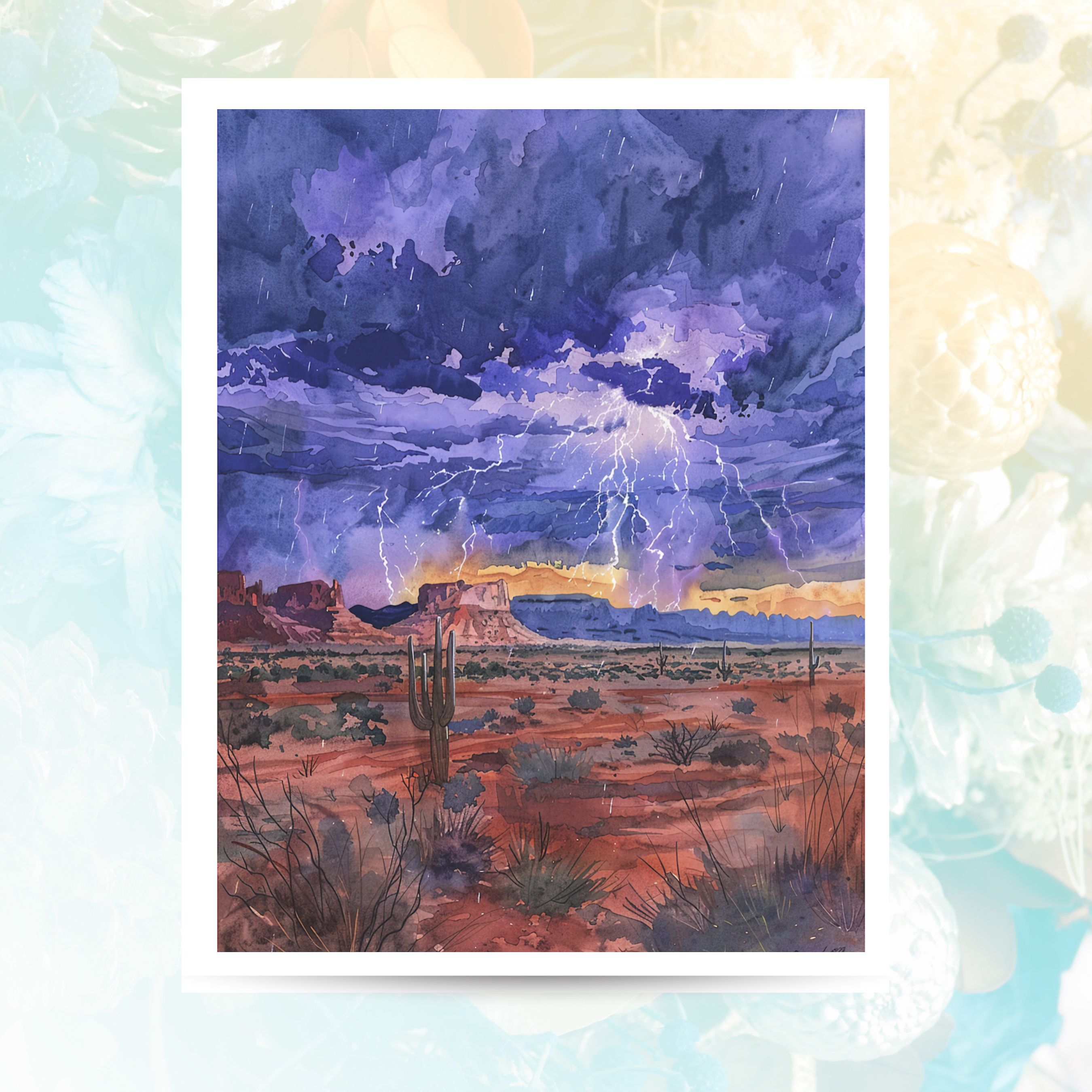 Watercolor Desert Storm Purple Monsoon Lightning Southwest Landscape All Occasion Cards, Thank You, Invitation, Note Card, Greetings, Birthdays