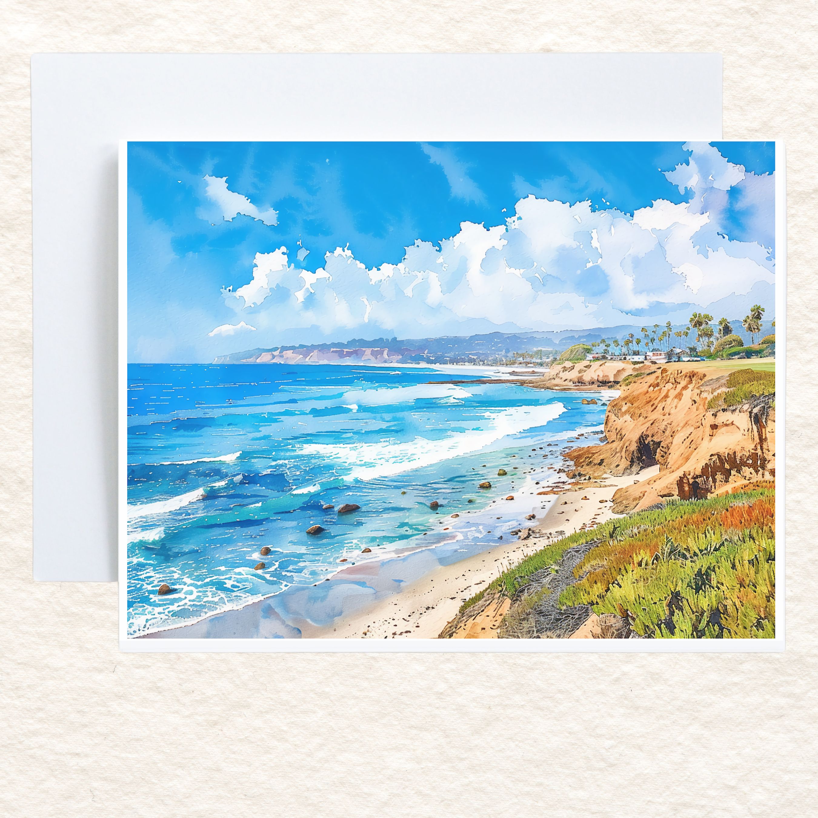 San Diego Coastline Card, California Beach Coastal Watercolor, All Occasion Cards, Thank You, Invitation, Note Card, Greetings, Birthdays