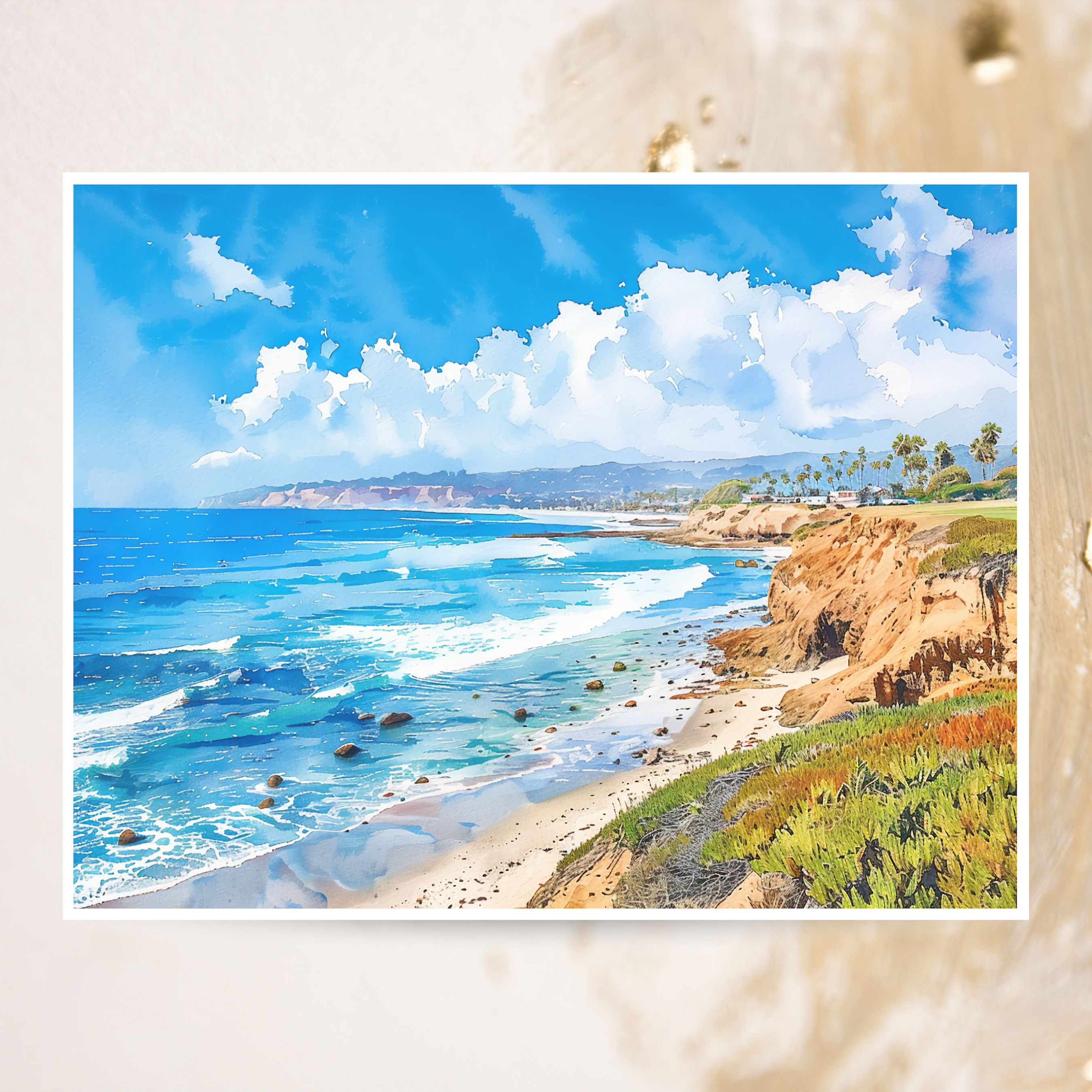 San Diego Coastline Card, California Beach Coastal Watercolor, All Occasion Cards, Thank You, Invitation, Note Card, Greetings, Birthdays