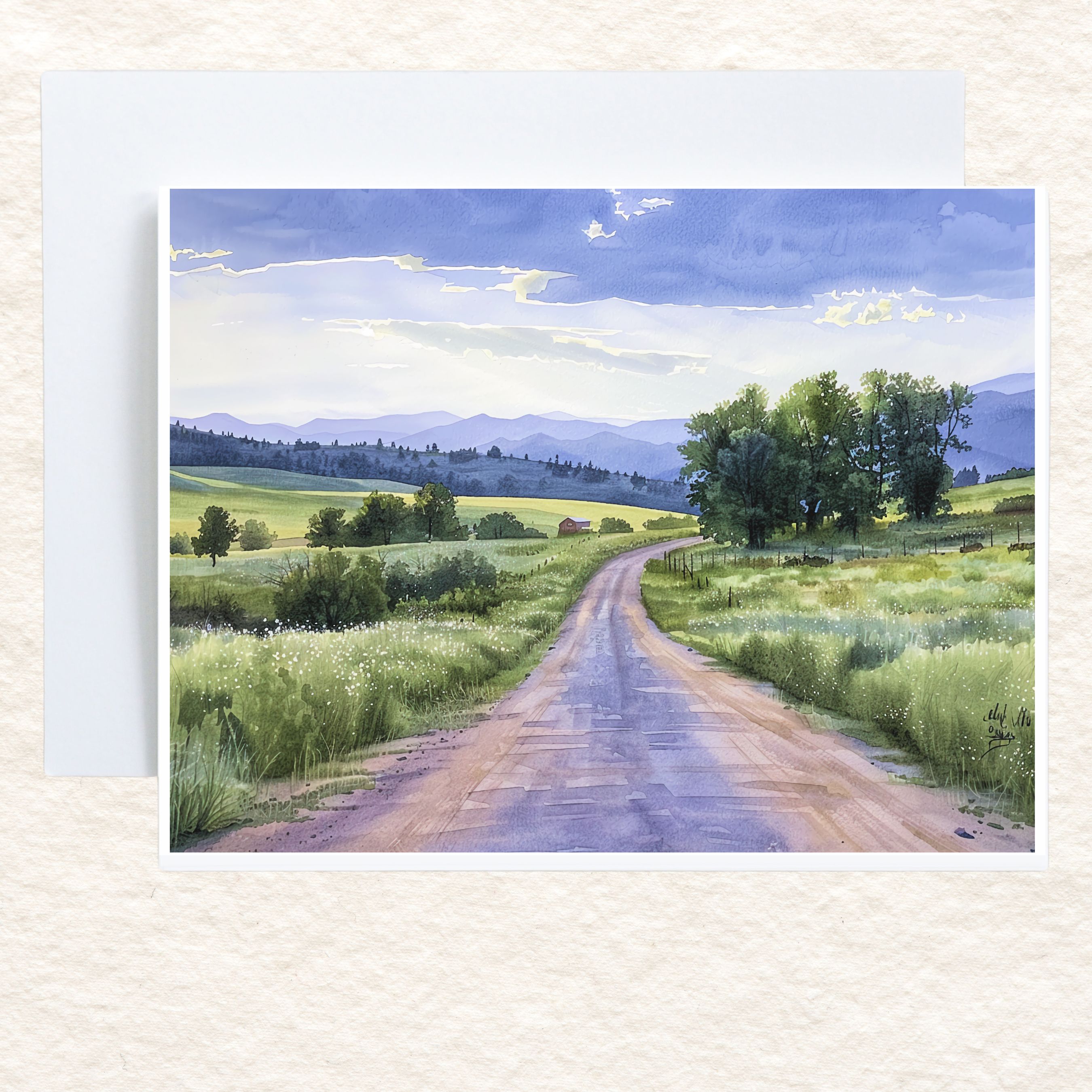 Country Road Landscape Card, Peaceful Rural Scene, Watercolor All Occasion Cards, Thank You, Invitation, Note Card, Greetings, Birthdays