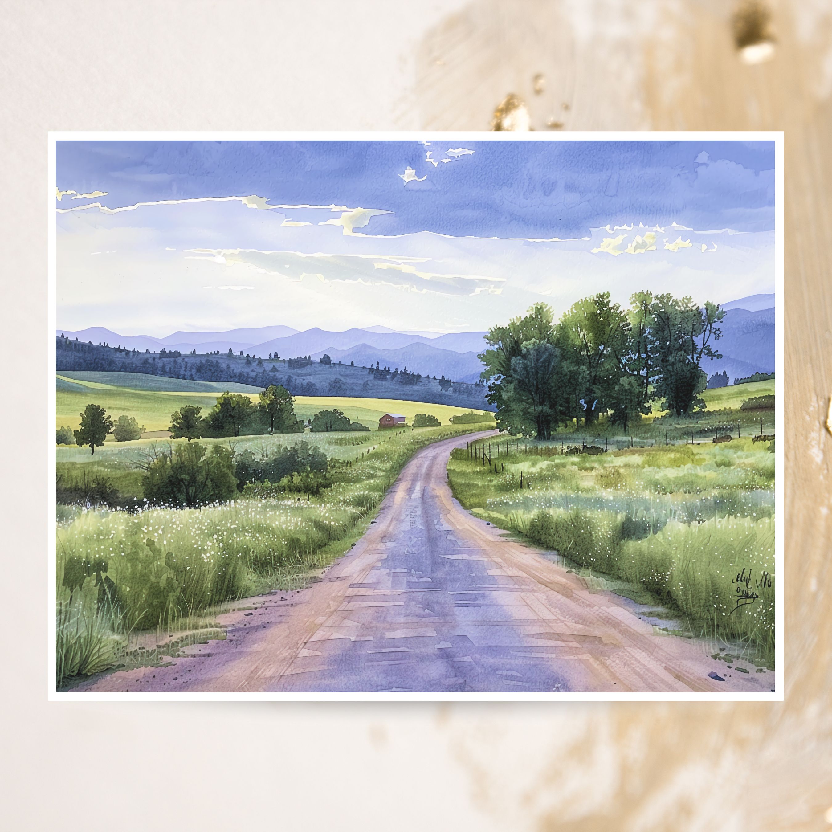Country Road Landscape Card, Peaceful Rural Scene, Watercolor All Occasion Cards, Thank You, Invitation, Note Card, Greetings, Birthdays