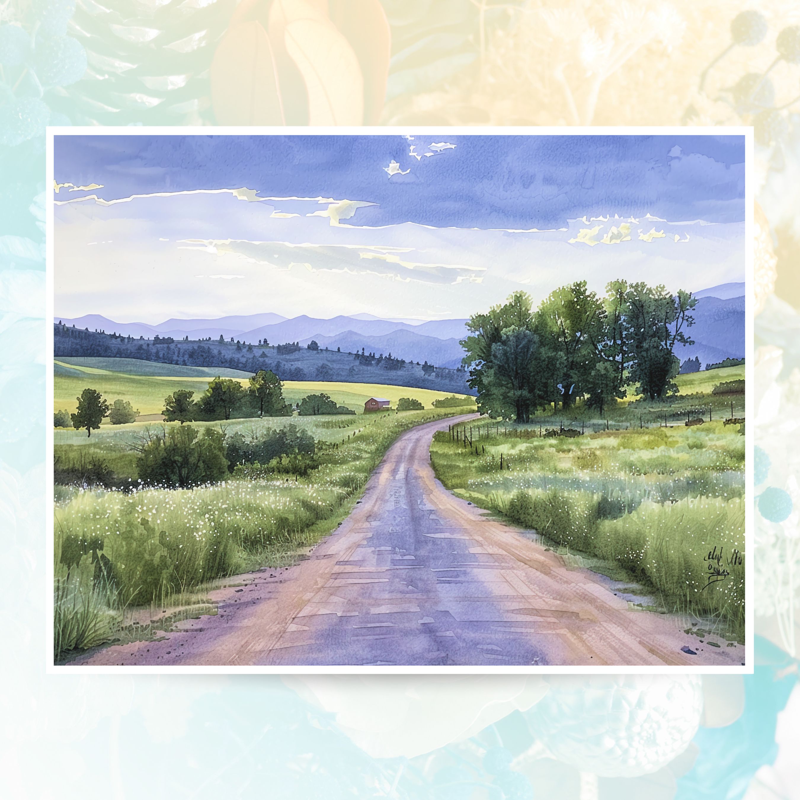 Country Road Landscape Card, Peaceful Rural Scene, Watercolor All Occasion Cards, Thank You, Invitation, Note Card, Greetings, Birthdays