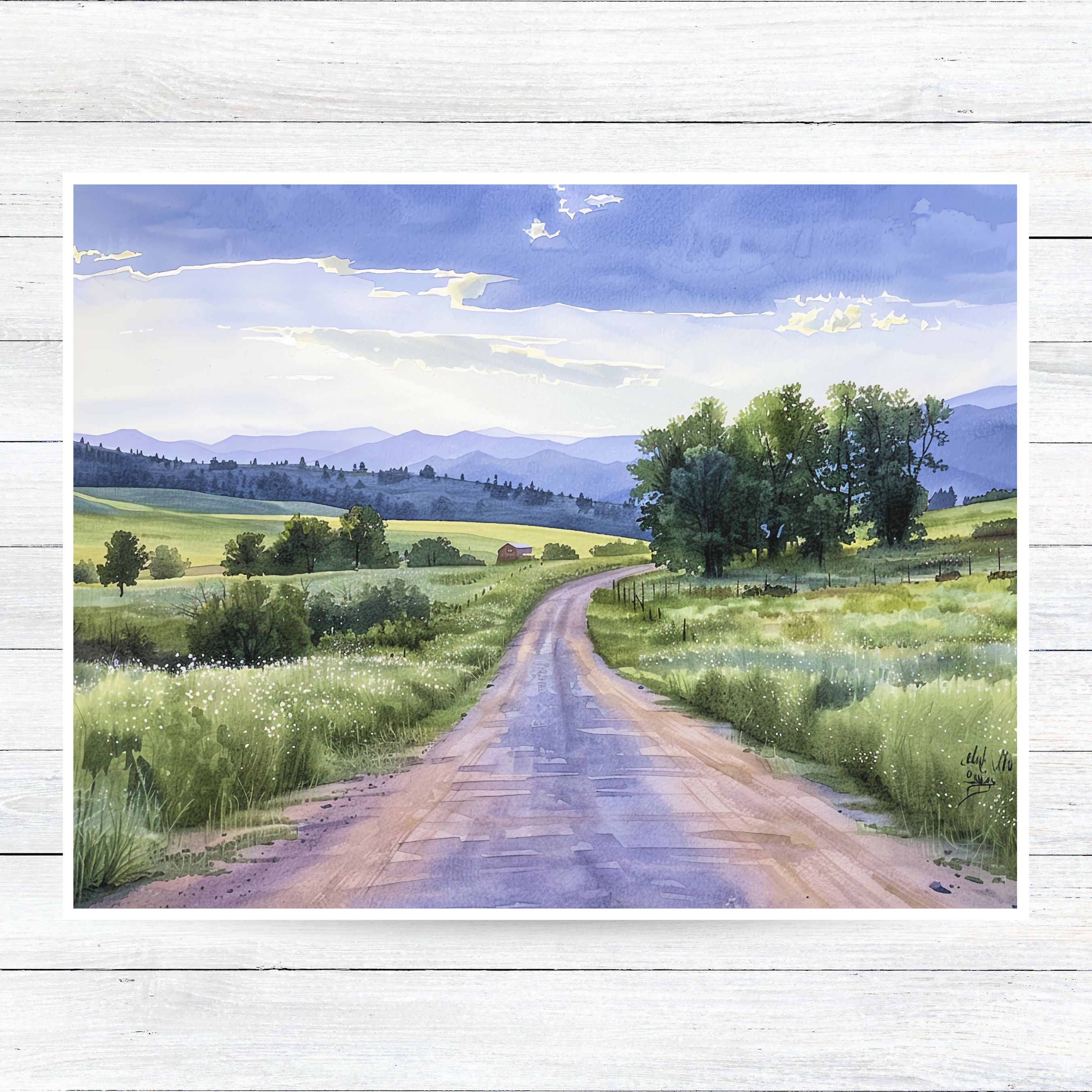 Country Road Landscape Card, Peaceful Rural Scene, Watercolor All Occasion Cards, Thank You, Invitation, Note Card, Greetings, Birthdays