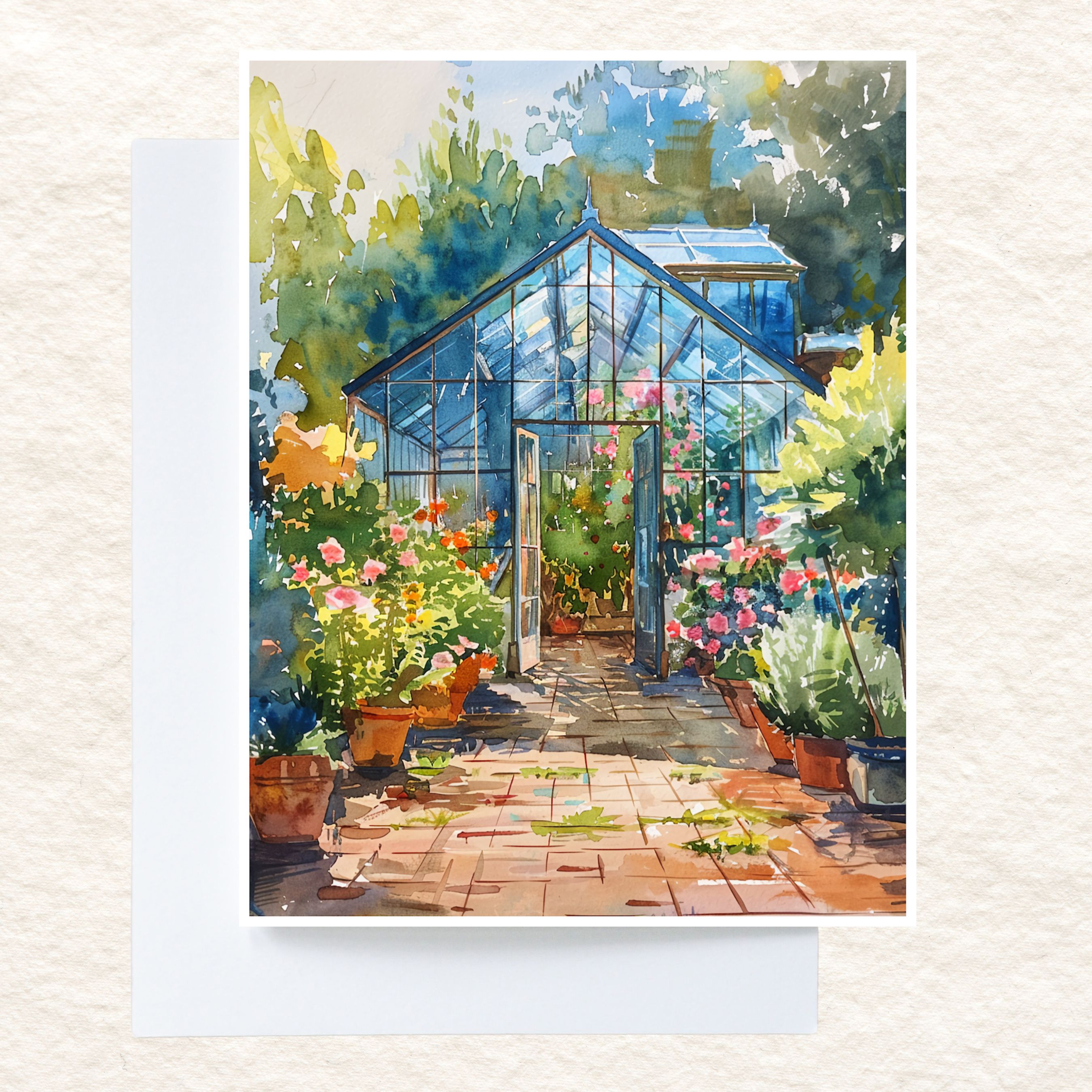 Lush Greenhouse Garden Watercolor Glasshouse, Garden Lover’s Dream, All Occasion Cards, Thank You, Invitation, Note Card, Greetings, Birthdays