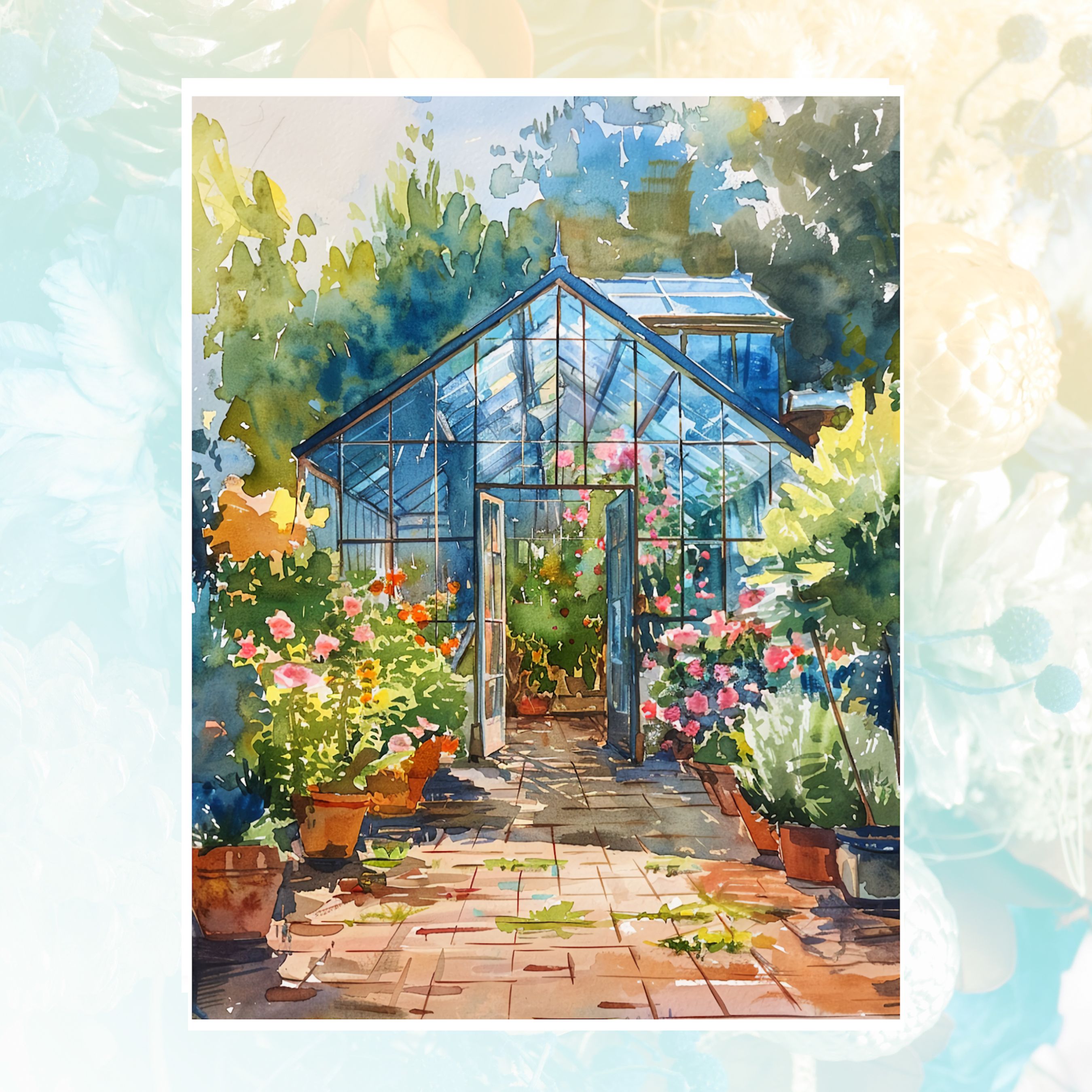 Lush Greenhouse Garden Watercolor Glasshouse, Garden Lover’s Dream, All Occasion Cards, Thank You, Invitation, Note Card, Greetings, Birthdays