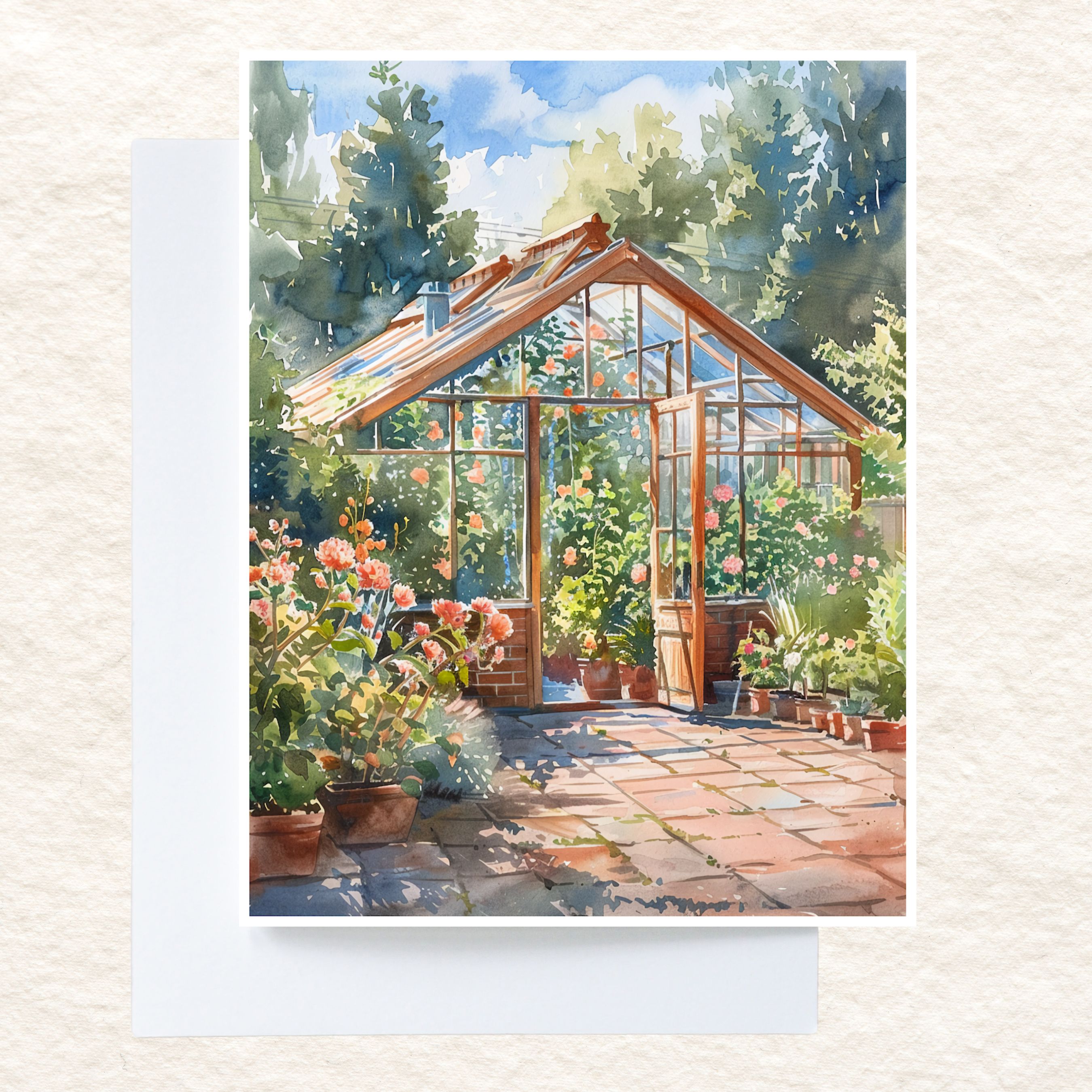 Sunlit Greenhouse Garden Watercolor Greenhouse All Occasion Cards, Thank You, Invitation, Note Card, Greetings, Birthdays
