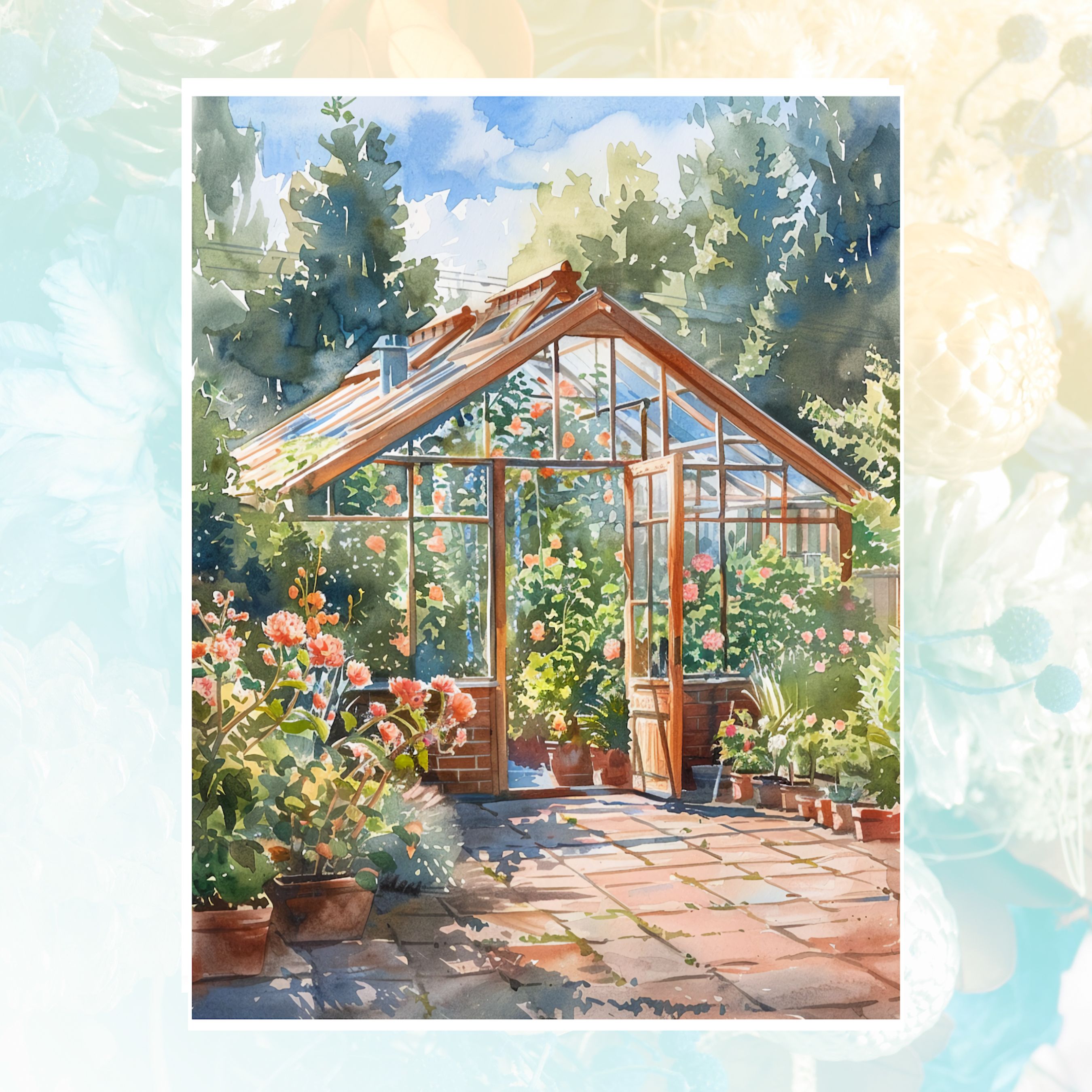 Sunlit Greenhouse Garden Watercolor Greenhouse All Occasion Cards, Thank You, Invitation, Note Card, Greetings, Birthdays