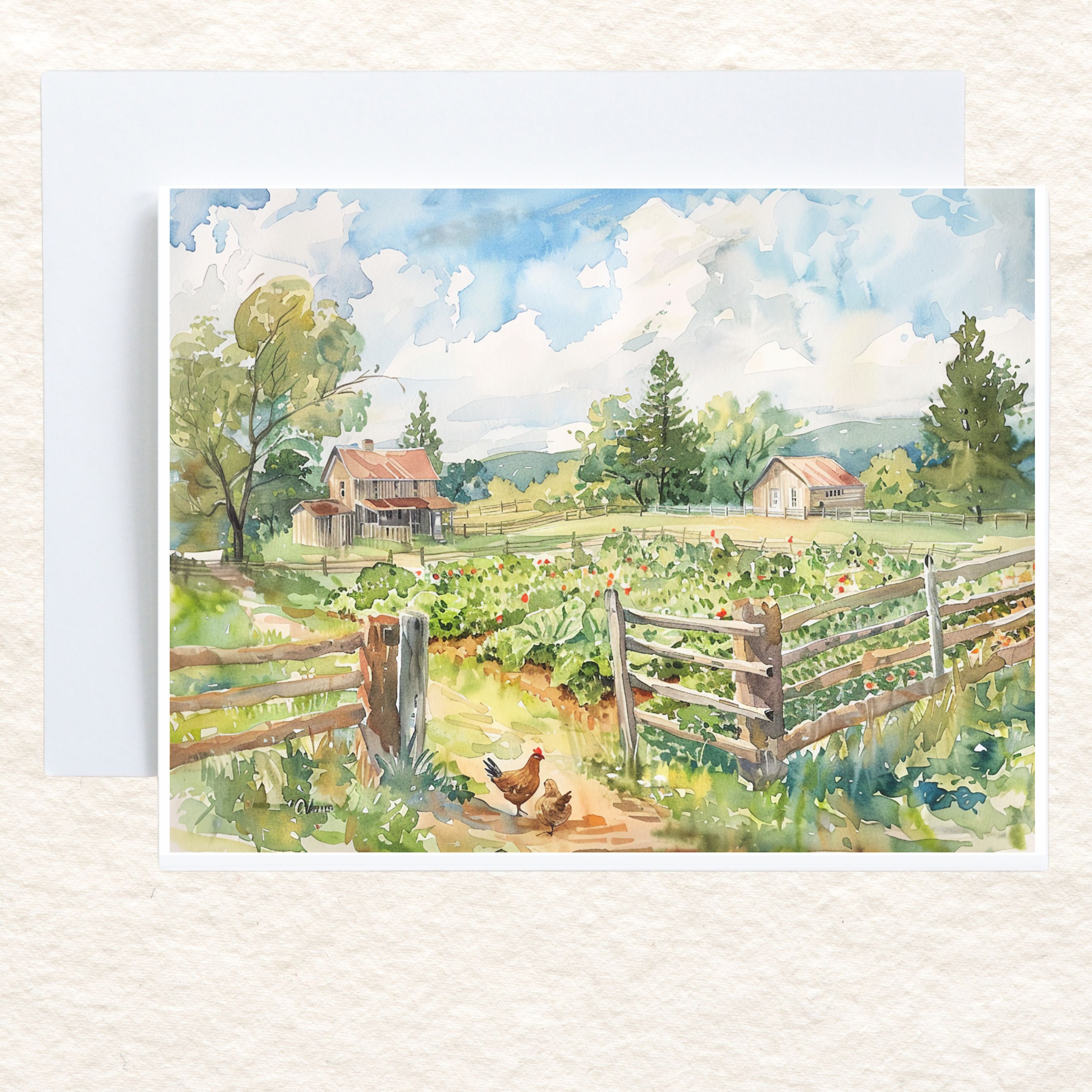Rustic Farm Greeting Card, Homestead Watercolor Scene, Country Garden and Chickens, All Occasion Cards, Thank You, Invitation, Note Card, Greetings, Birthdays