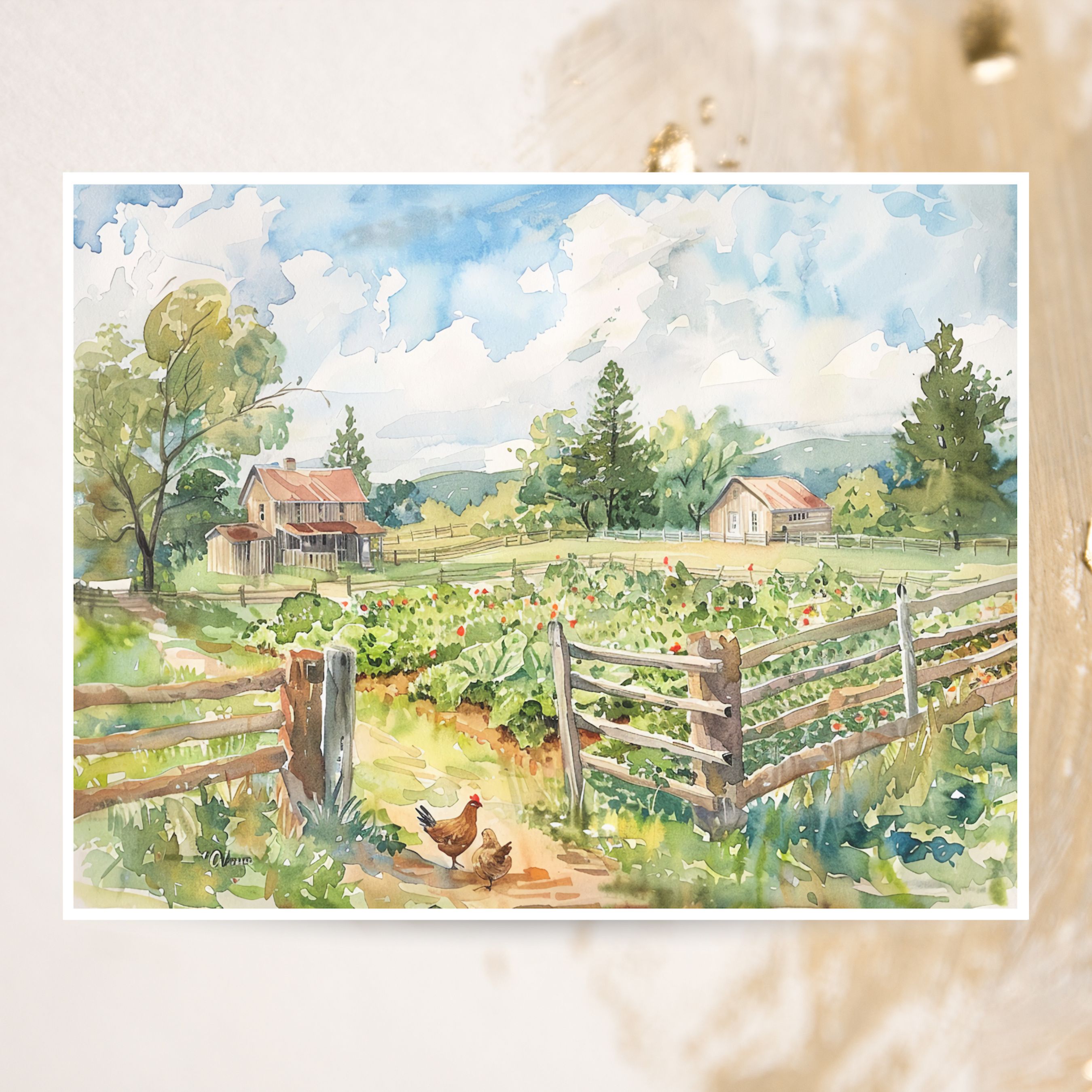 Rustic Farm Greeting Card, Homestead Watercolor Scene, Country Garden and Chickens, All Occasion Cards, Thank You, Invitation, Note Card, Greetings, Birthdays