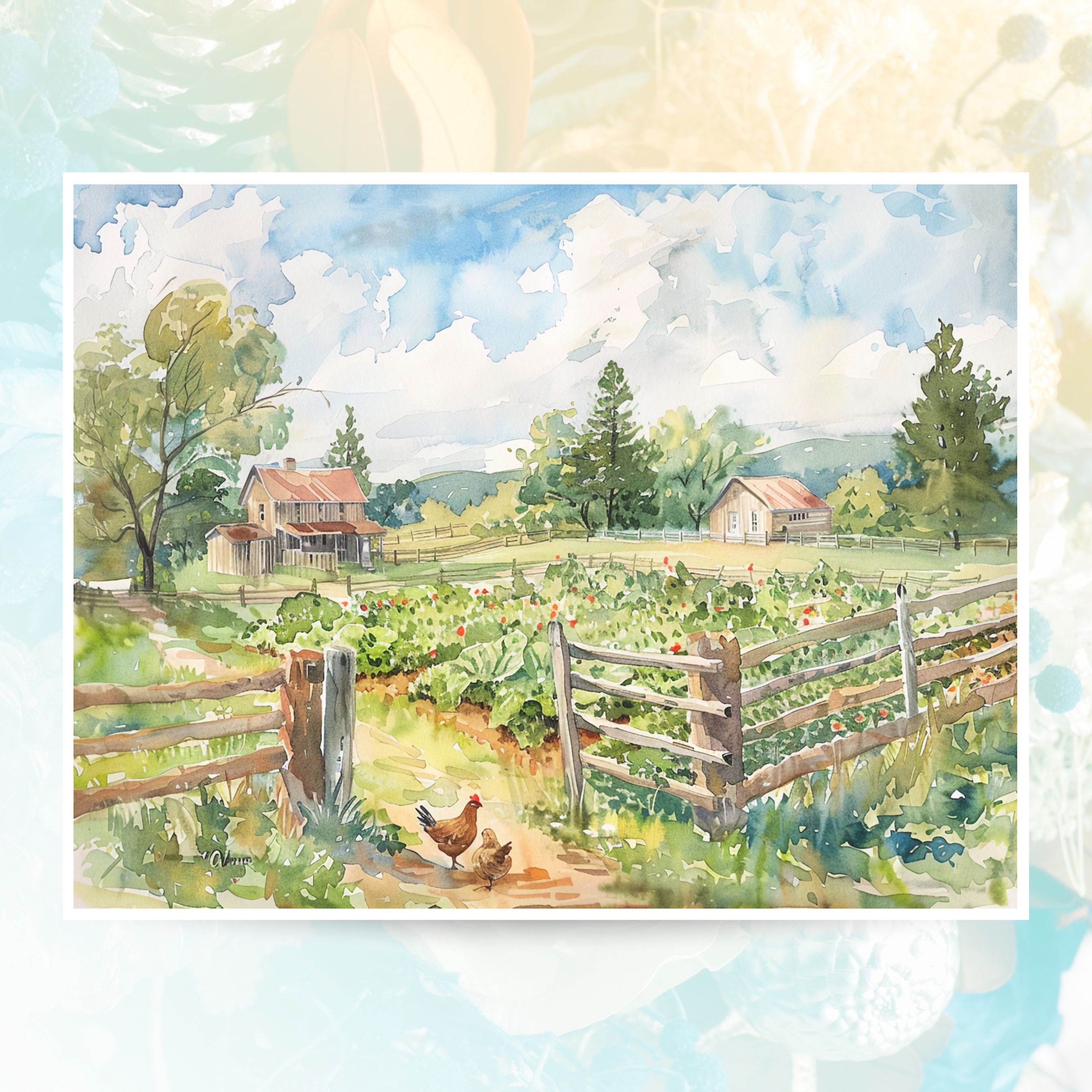 Rustic Farm Greeting Card, Homestead Watercolor Scene, Country Garden and Chickens, All Occasion Cards, Thank You, Invitation, Note Card, Greetings, Birthdays