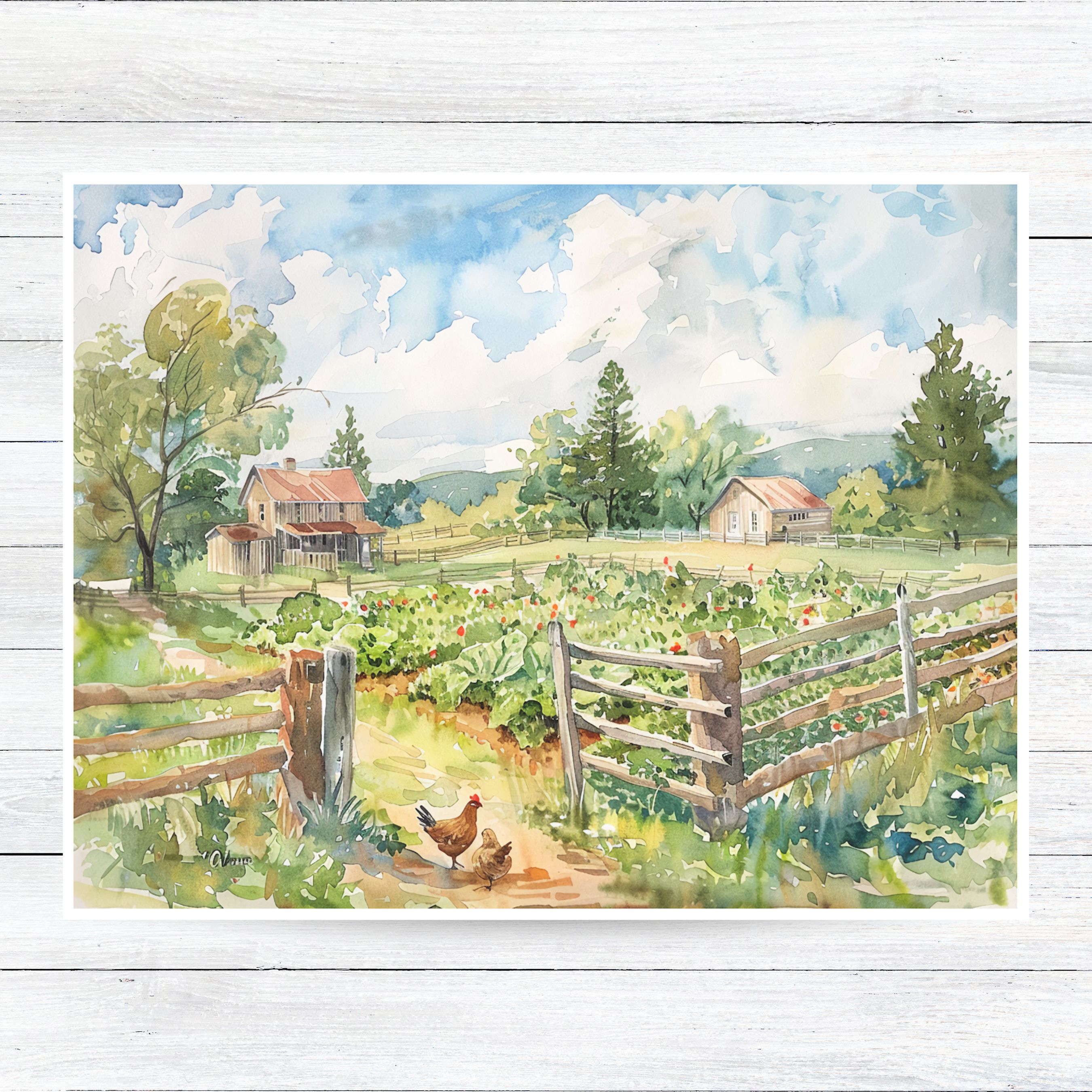 Rustic Farm Greeting Card, Homestead Watercolor Scene, Country Garden and Chickens, All Occasion Cards, Thank You, Invitation, Note Card, Greetings, Birthdays