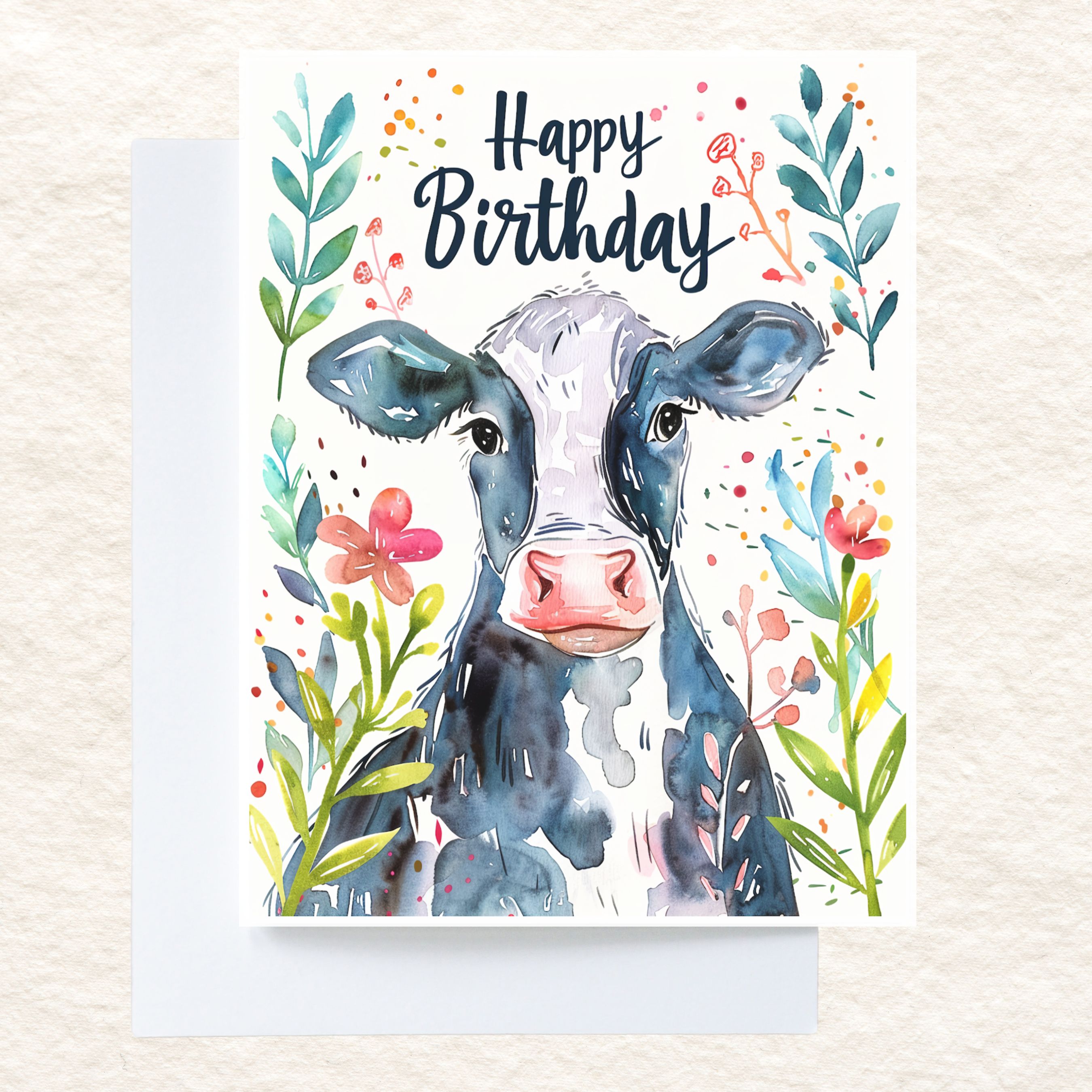 Happy Birthday Cow Card, Playful Farm Animal Greeting, Watercolor Cow with Flowers, Cheerful Birthday Wishes, Unique Handmade Stationary