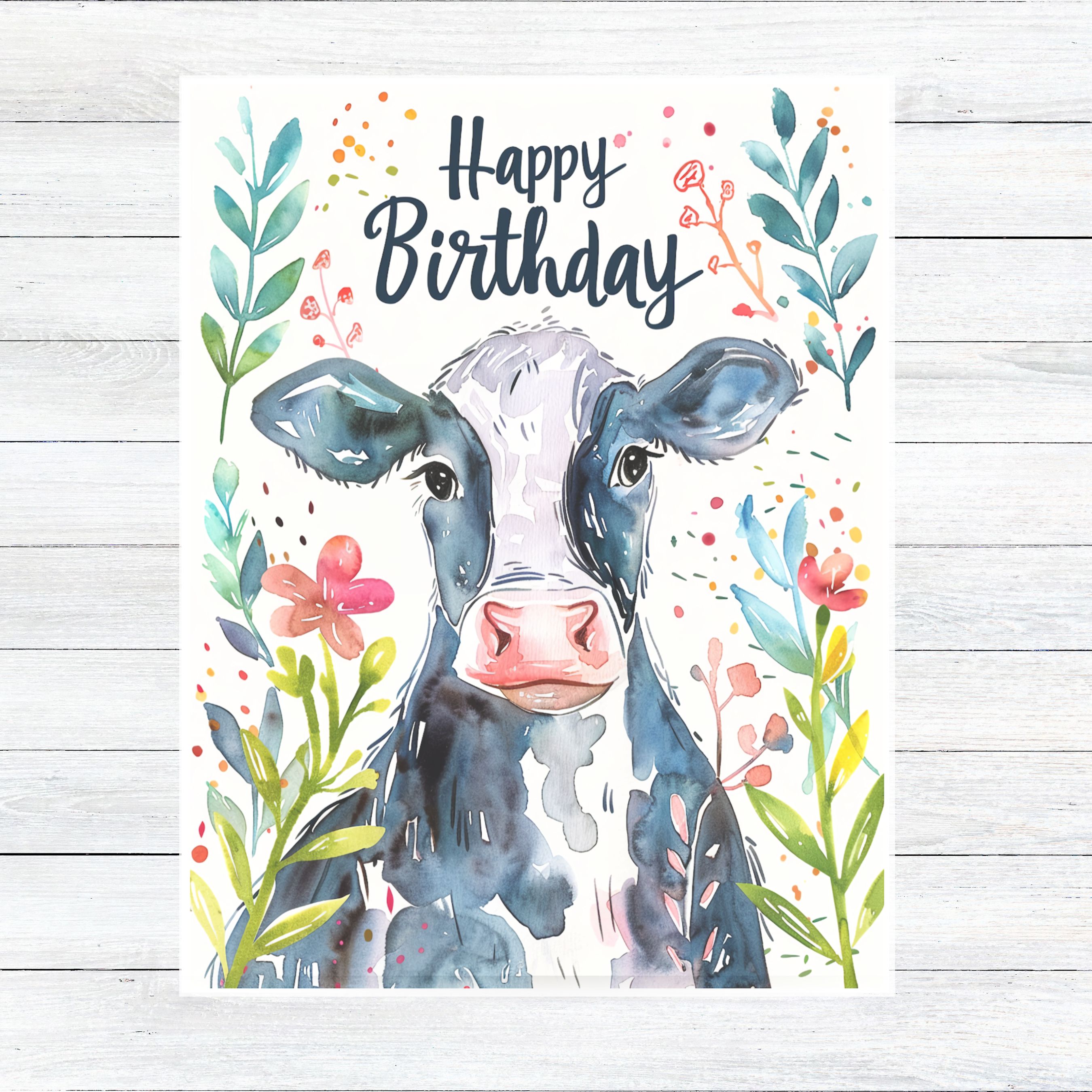 Happy Birthday Cow Card, Playful Farm Animal Greeting, Watercolor Cow with Flowers, Cheerful Birthday Wishes, Unique Handmade Stationary