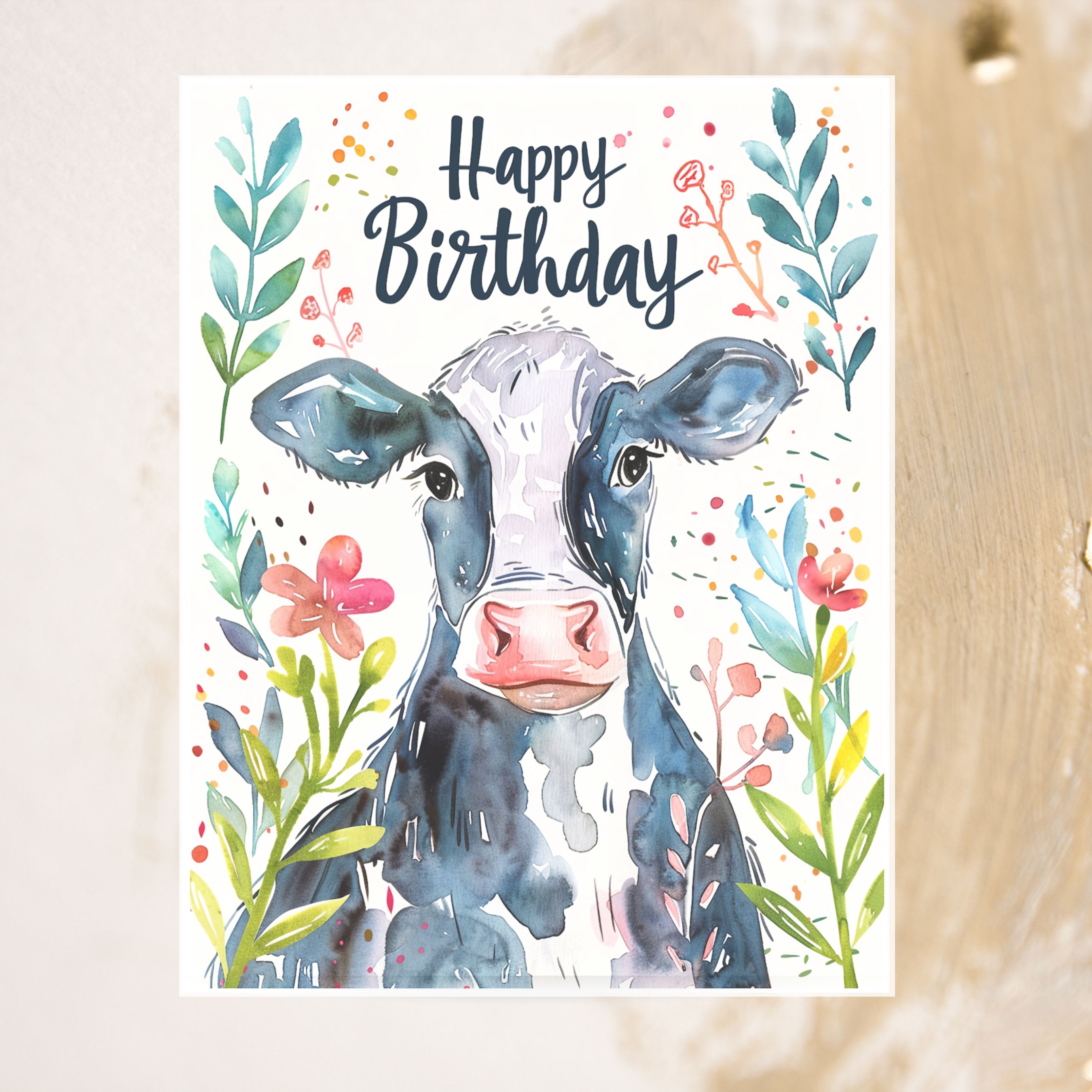 Happy Birthday Cow Card, Playful Farm Animal Greeting, Watercolor Cow with Flowers, Cheerful Birthday Wishes, Unique Handmade Stationary