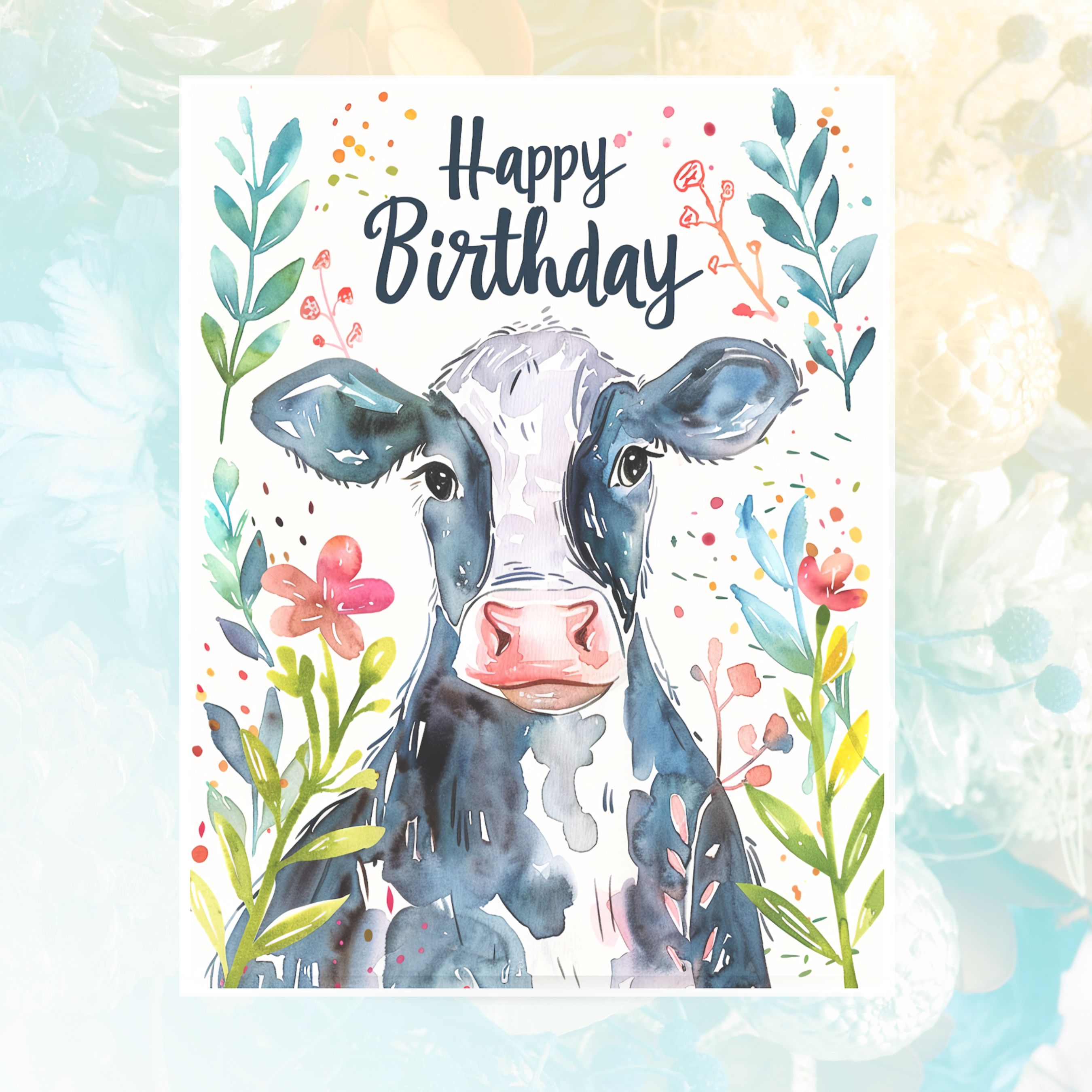 Happy Birthday Cow Card, Playful Farm Animal Greeting, Watercolor Cow with Flowers, Cheerful Birthday Wishes, Unique Handmade Stationary