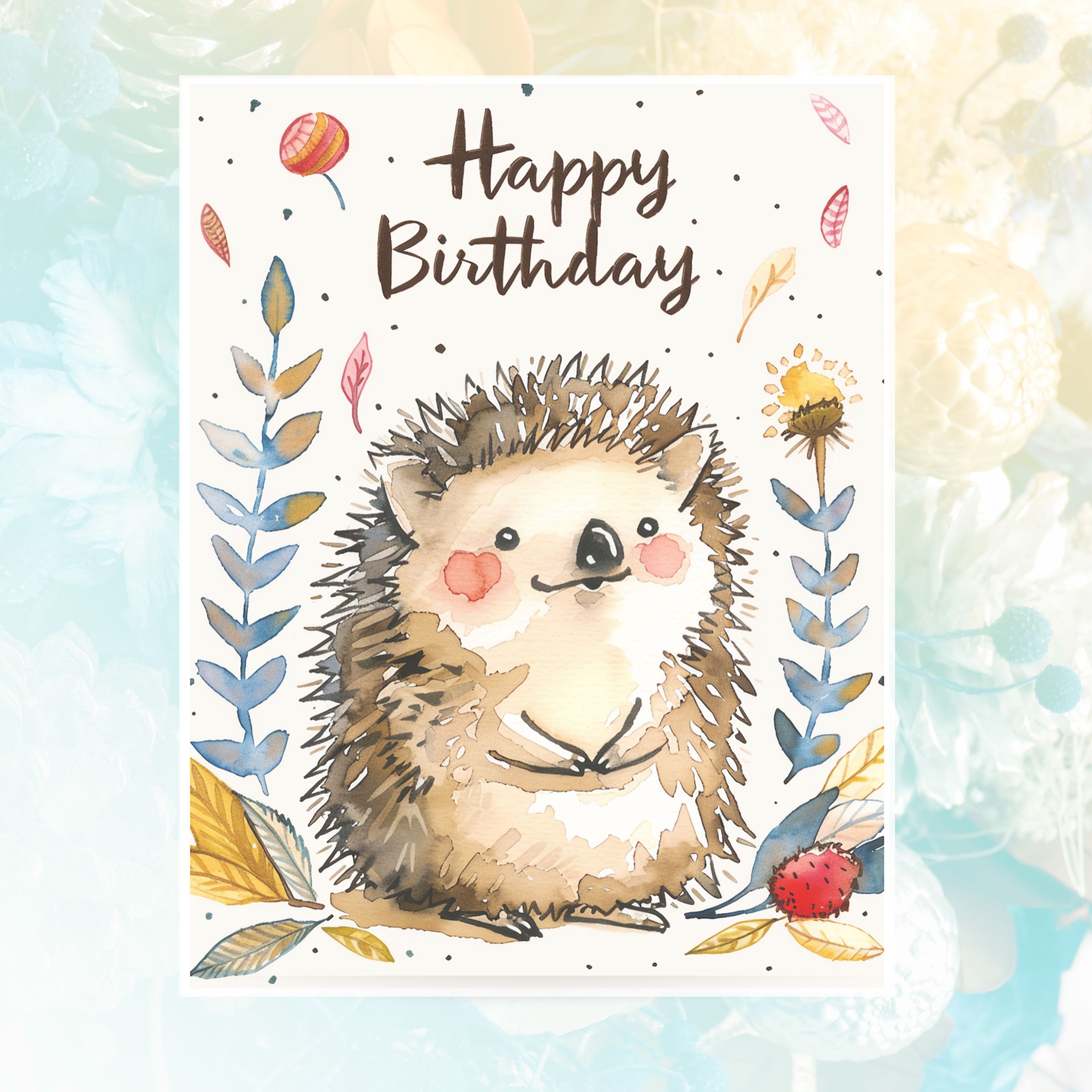 Happy Birthday Hedgehog Card, Cute Animal Celebration, Watercolor Hedgehog, Party Invite, Whimsical Nature Theme, Unique Handmade Stationary