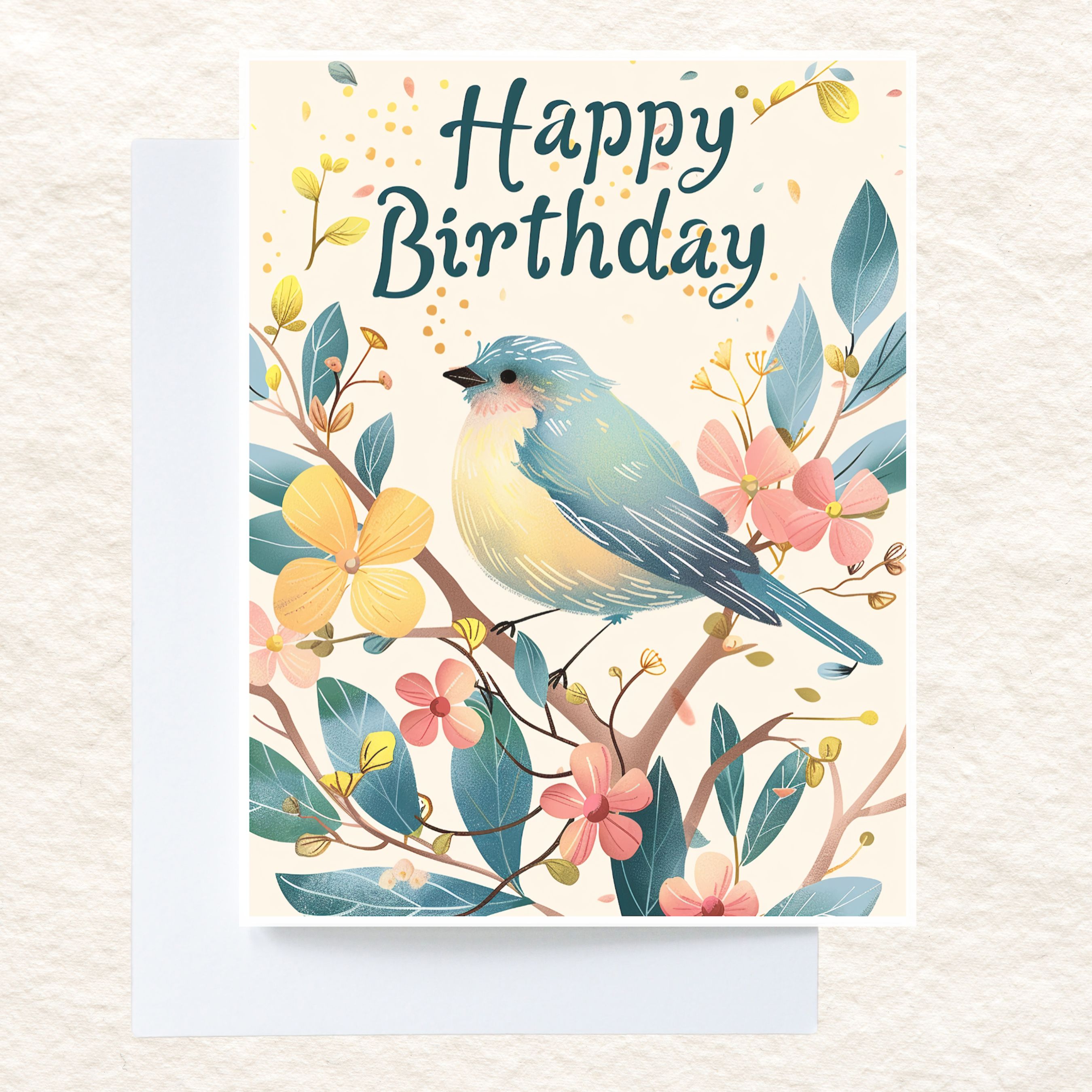 Happy Birthday Card, Bird and Floral Design, Nature Inspired, Colorful Flowers, Whimsical, Handmade Greetings, Unique Handmade Stationary