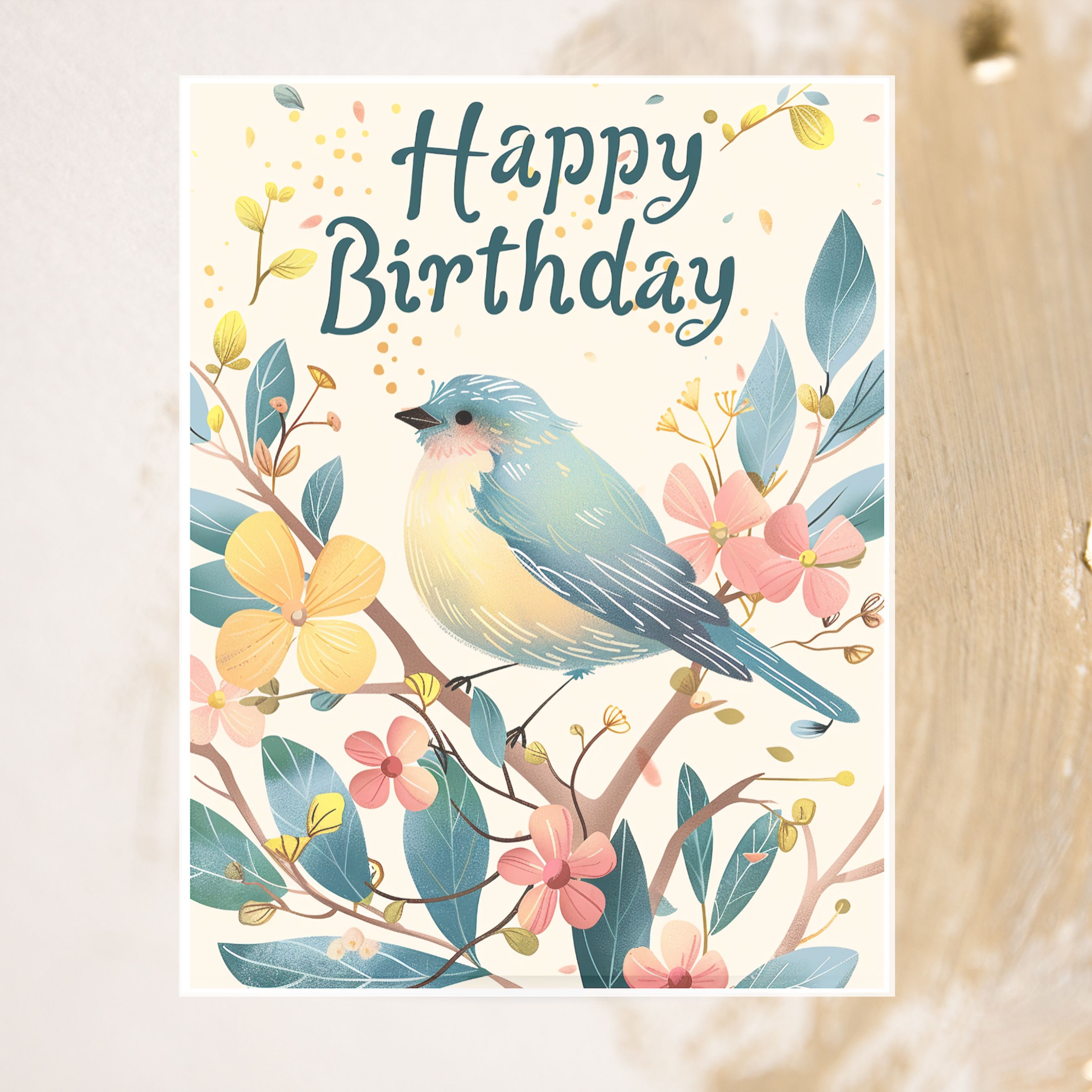 Happy Birthday Card, Bird and Floral Design, Nature Inspired, Colorful Flowers, Whimsical, Handmade Greetings, Unique Handmade Stationary