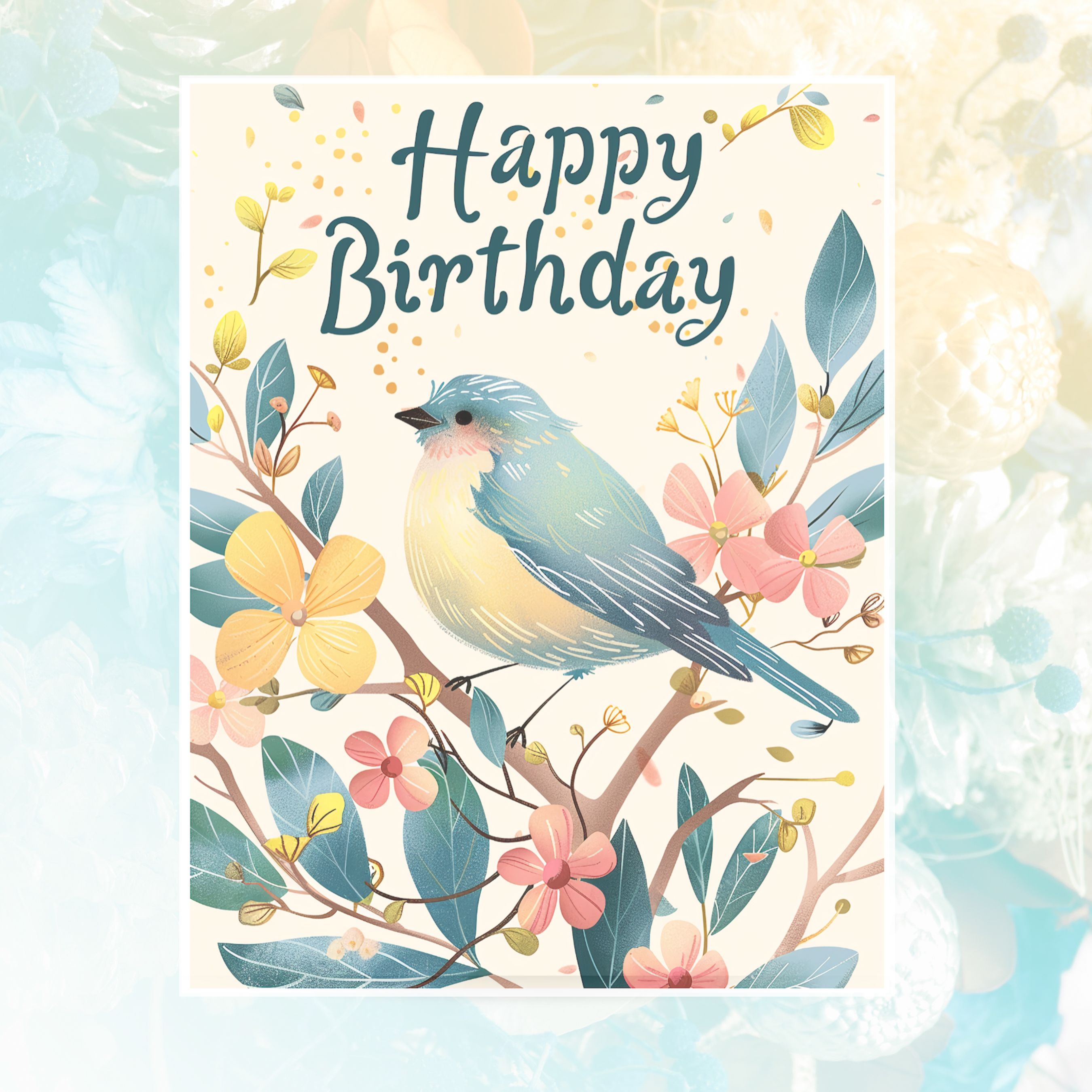 Happy Birthday Card, Bird and Floral Design, Nature Inspired, Colorful Flowers, Whimsical, Handmade Greetings, Unique Handmade Stationary
