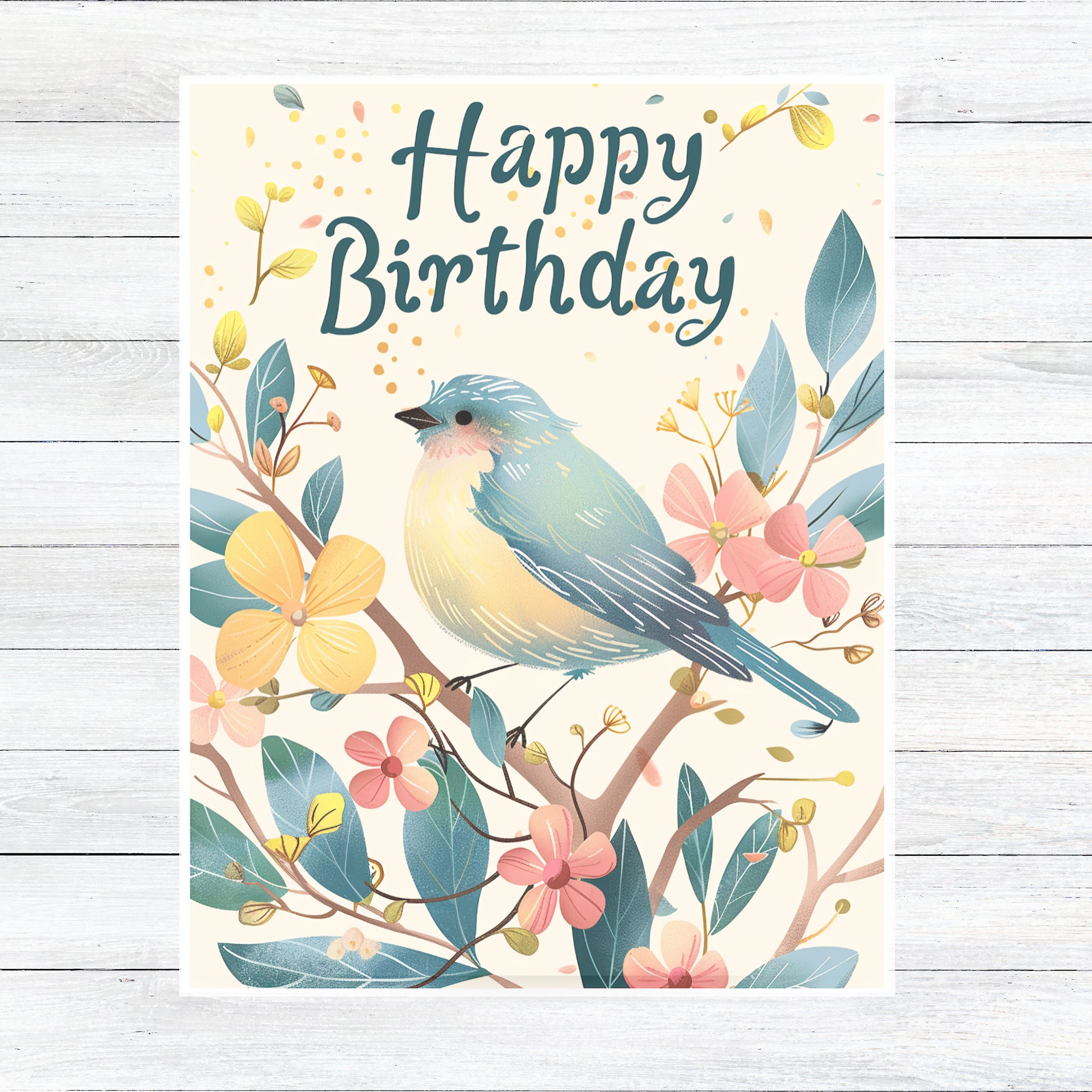 Happy Birthday Card, Bird and Floral Design, Nature Inspired, Colorful Flowers, Whimsical, Handmade Greetings, Unique Handmade Stationary
