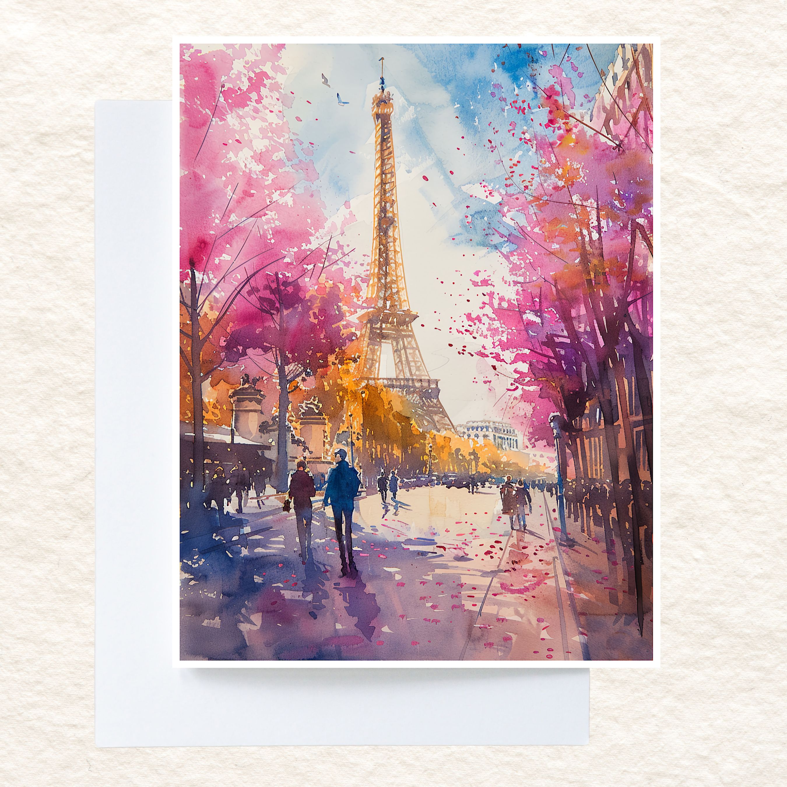 Paris Eiffel Tower Spring Card, Romantic Cityscape, Watercolor Art, All Occasion Cards, Thank You, Invitation, Note Card, Greetings, Birthdays