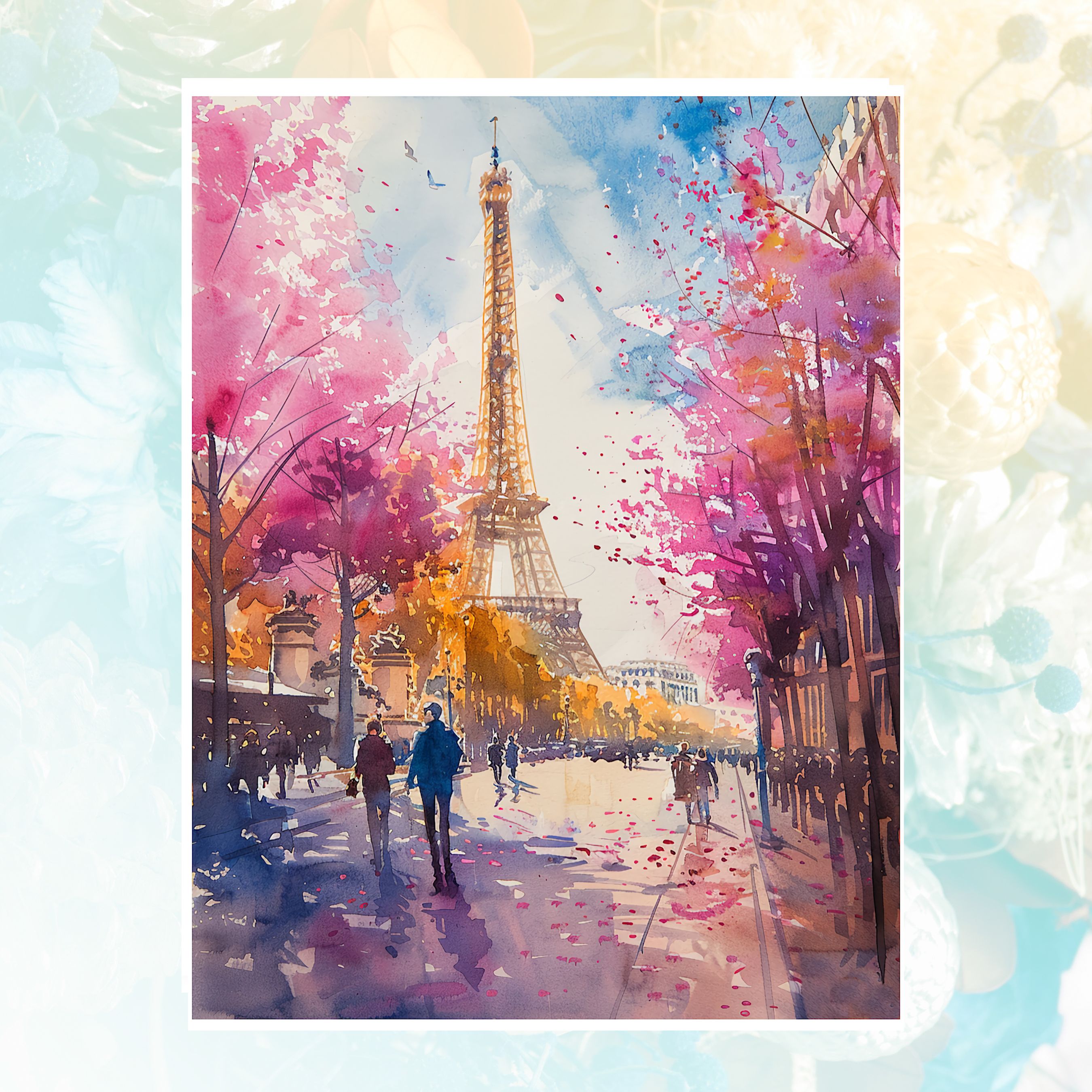 Paris Eiffel Tower Spring Card, Romantic Cityscape, Watercolor Art, All Occasion Cards, Thank You, Invitation, Note Card, Greetings, Birthdays