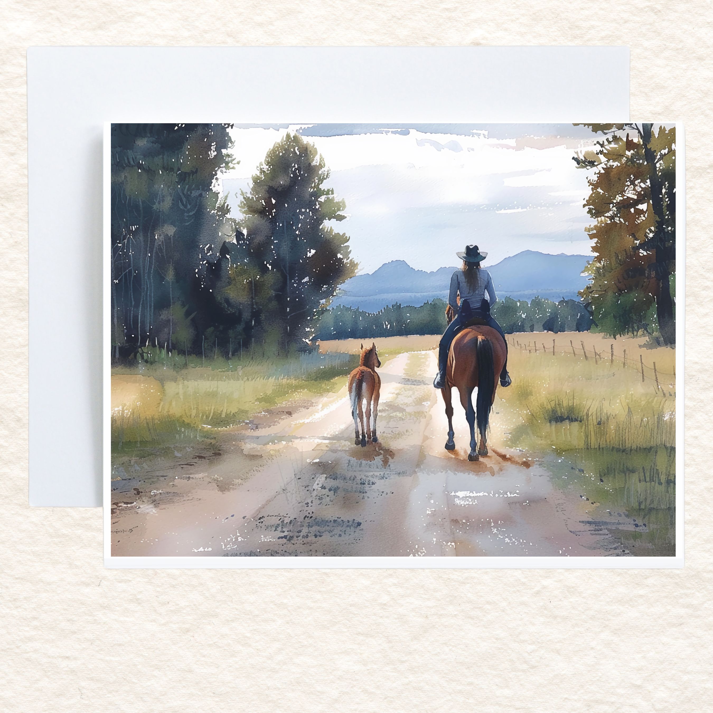 Country Trail Horseback Rider Card, Watercolor Rural Landscape, All Occasion Cards, Thank You, Invitation, Note Card, Greetings, Birthdays